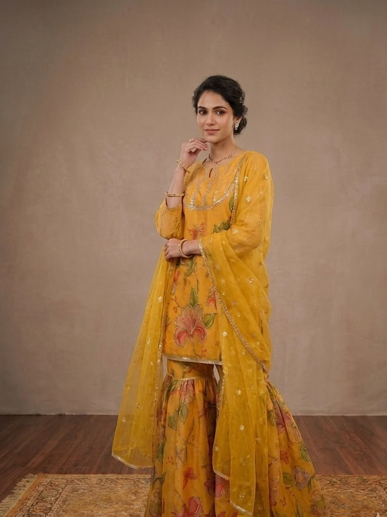 Women's Sharara Suit Set in Mustard Yellow Soft Organza with Sequin Embroidery