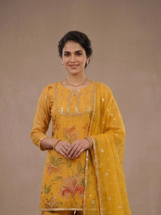 Women's Sharara Suit Set in Mustard Yellow Soft Organza with Sequin Embroidery