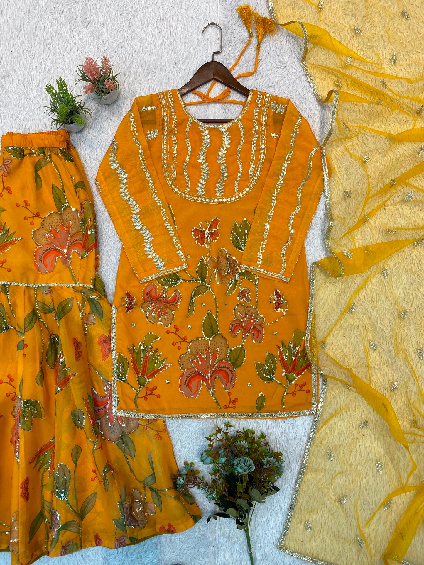 Women's Sharara Suit Set in Mustard Yellow Soft Organza with Sequin Embroidery