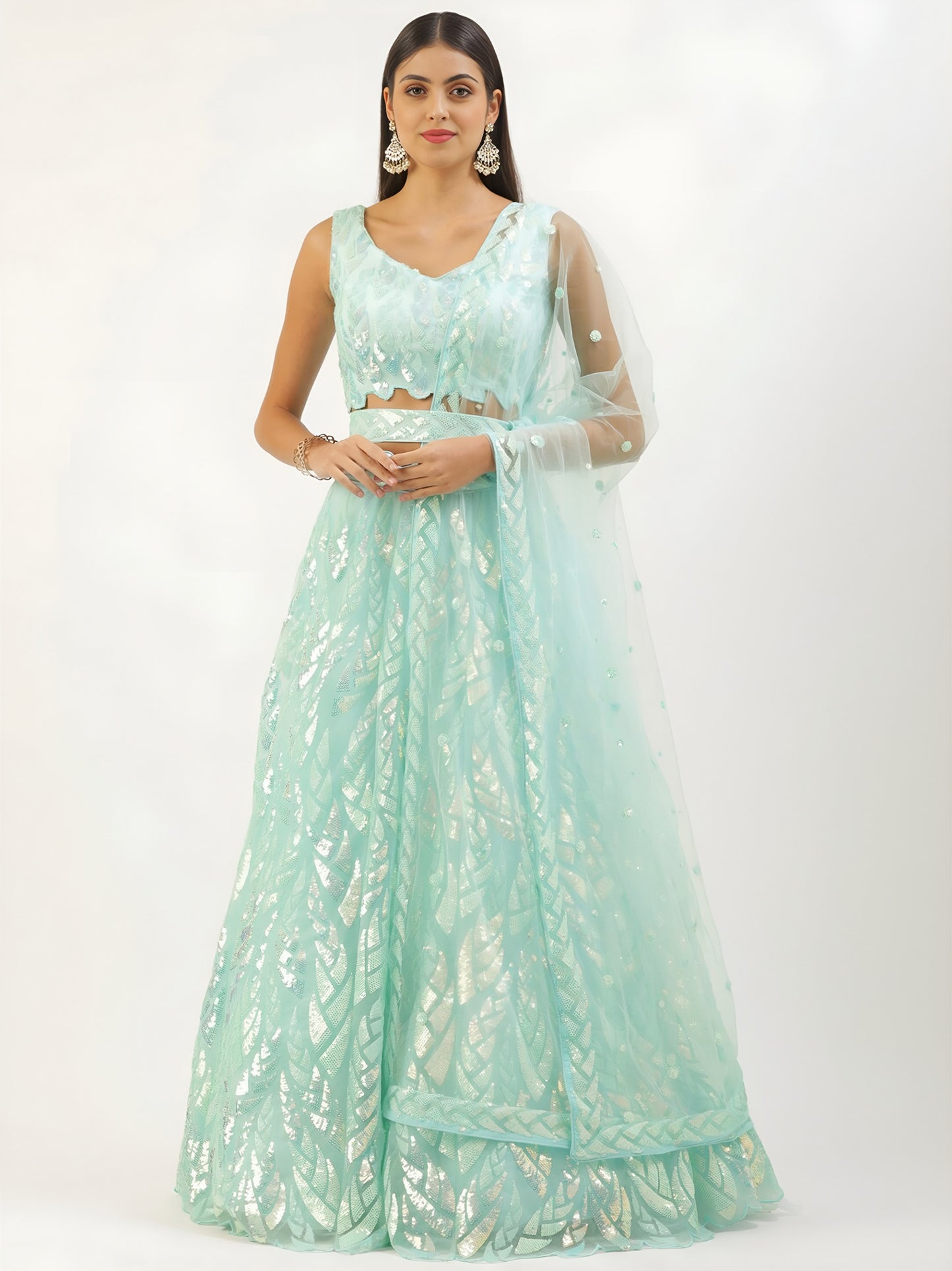 Women's Lehenga Choli in Light Blue Soft Net with Sequins Leaf Embroidery