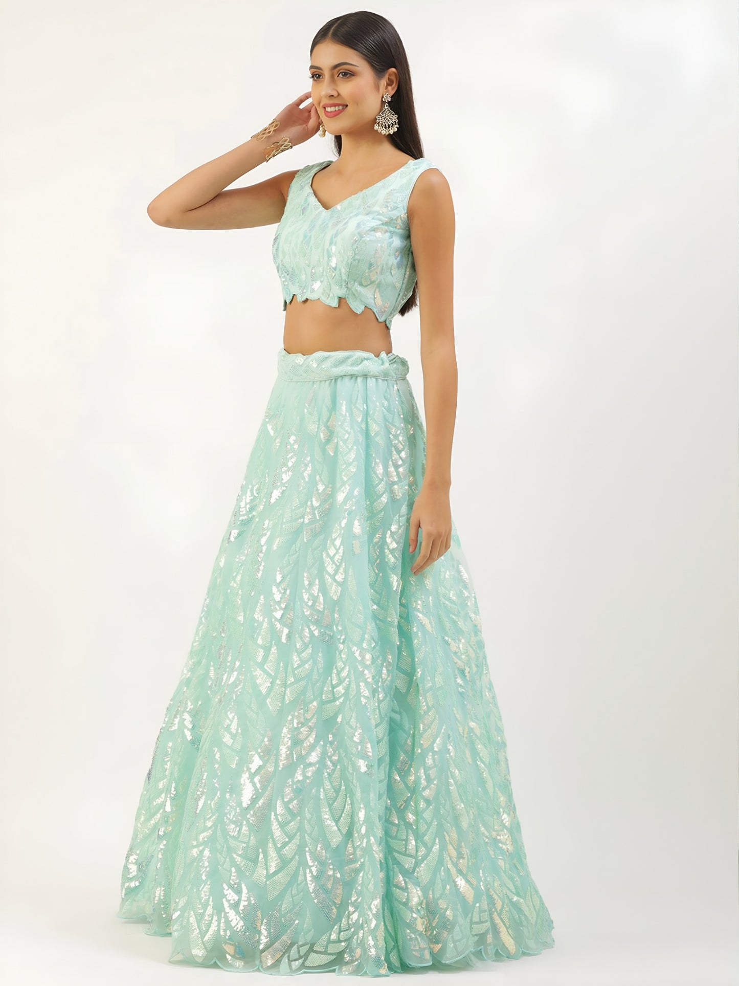 Women's Lehenga Choli in Light Blue Soft Net with Sequins Leaf Embroidery