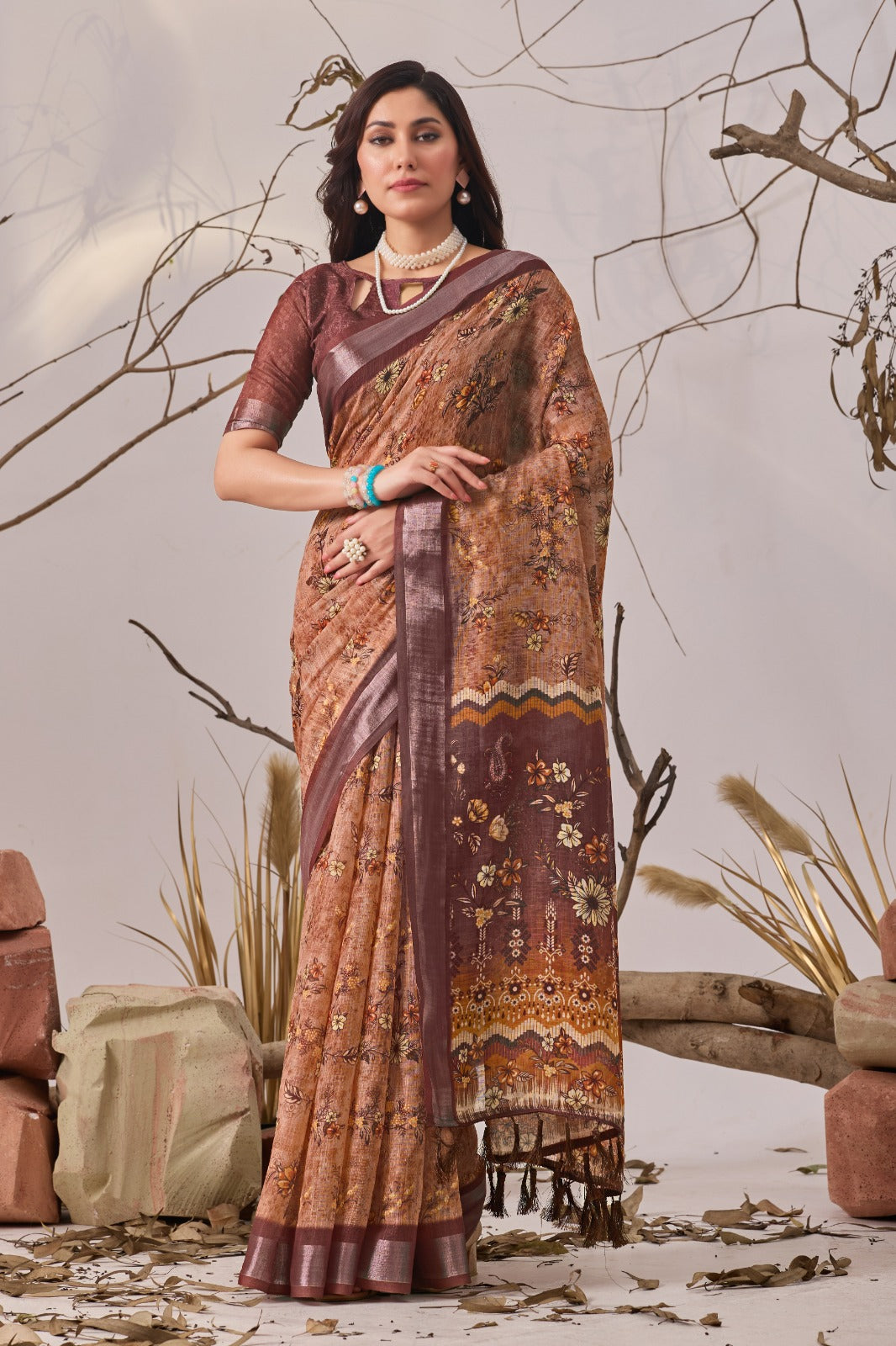 Women's Linen Cotton Saree in Dusty Brown with Digital Floral Print