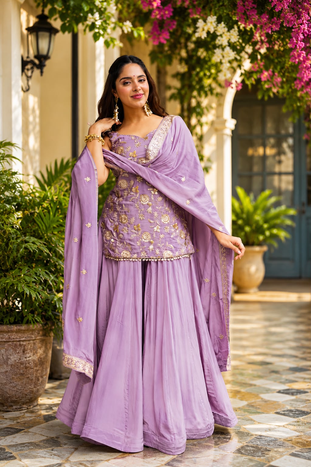 Women's Sharara Suit Set in Lavender Diamond Silk with Sequins Zari and Thread Embroidery