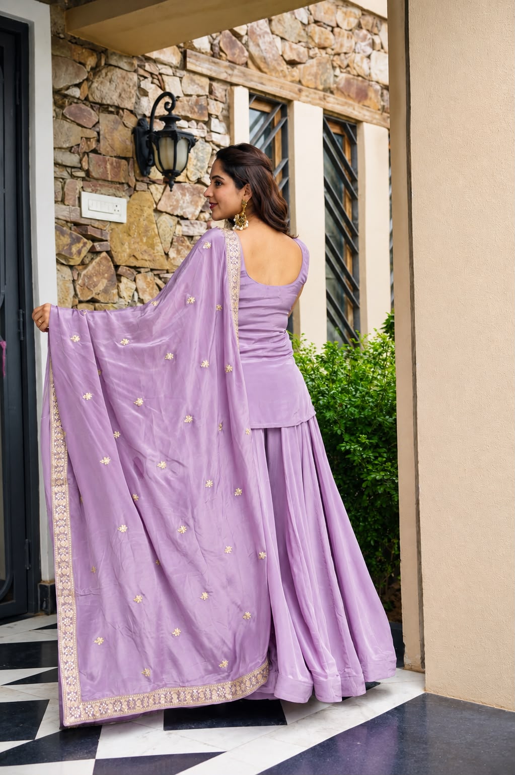 Women's Sharara Suit Set in Lavender Diamond Silk with Sequins Zari and Thread Embroidery