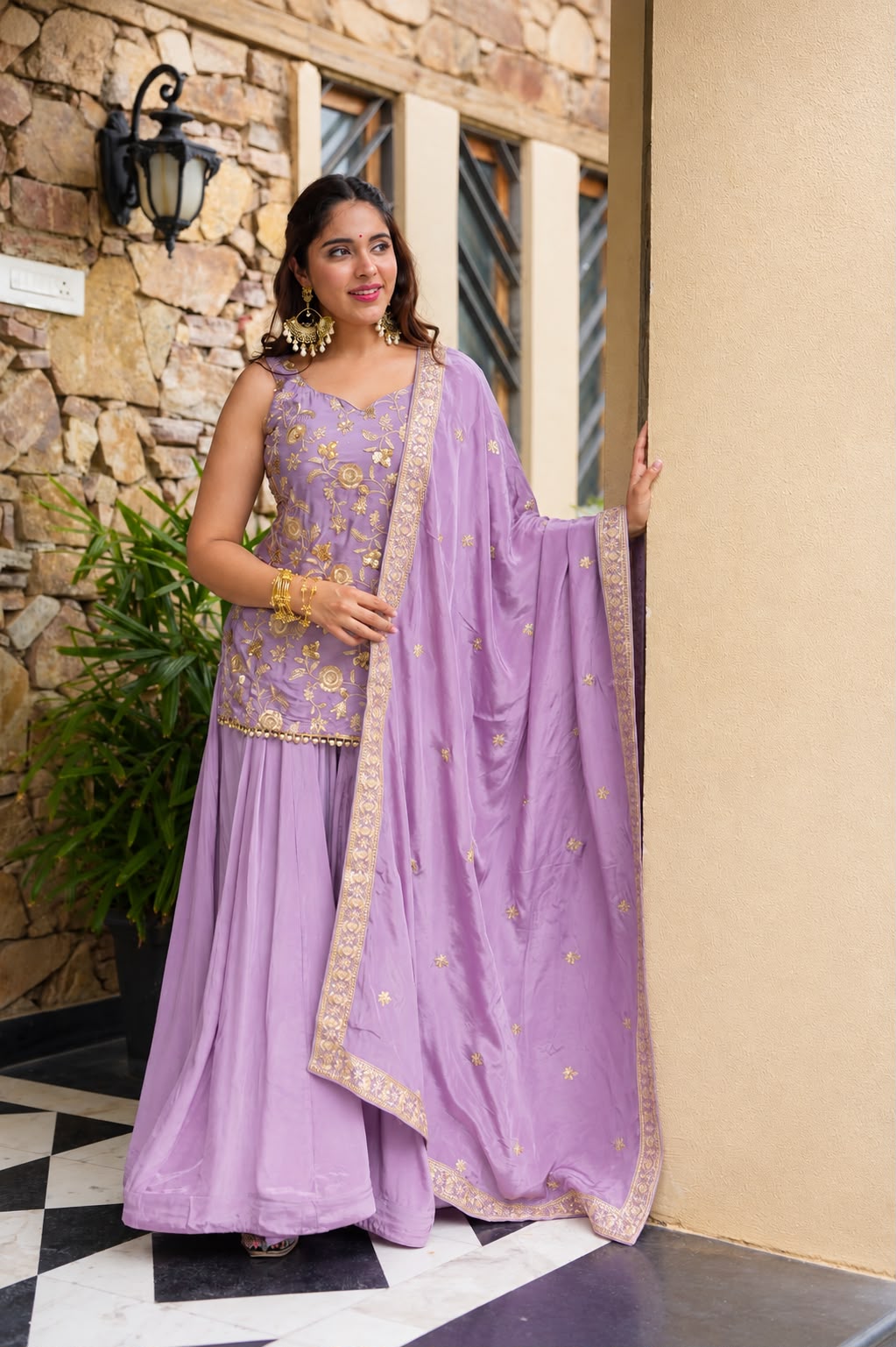 Women's Sharara Suit Set in Lavender Diamond Silk with Sequins Zari and Thread Embroidery