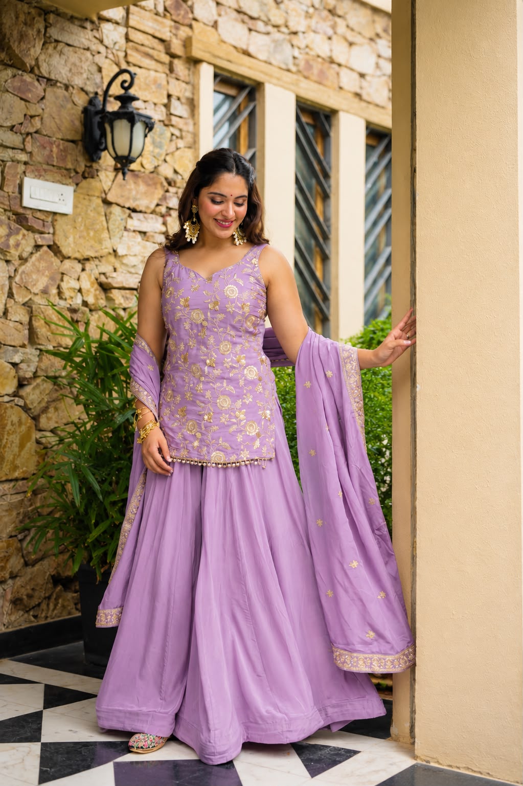Women's Sharara Suit Set in Lavender Diamond Silk with Sequins Zari and Thread Embroidery