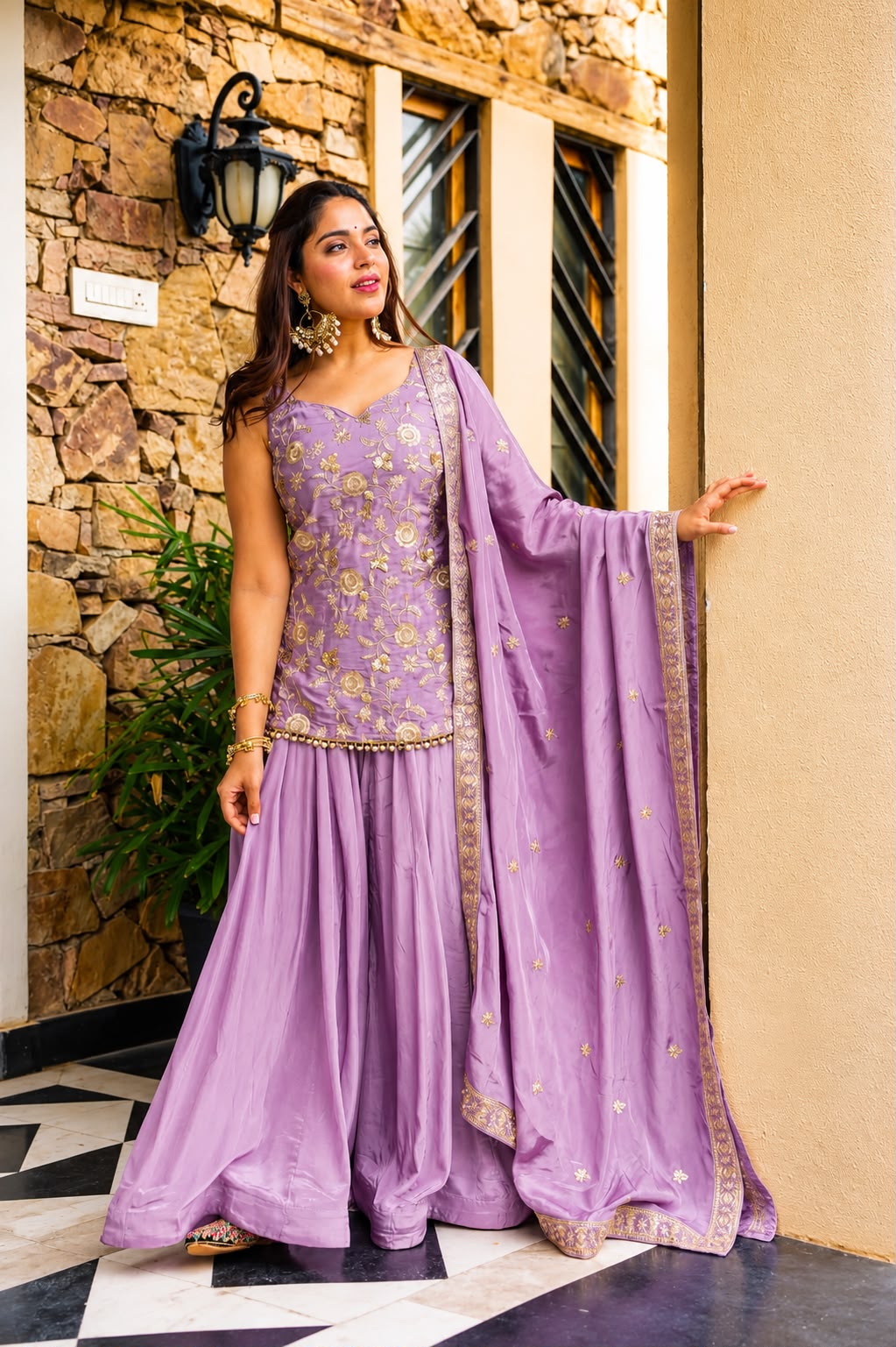 Women's Sharara Suit Set in Lavender Diamond Silk with Sequins Zari and Thread Embroidery