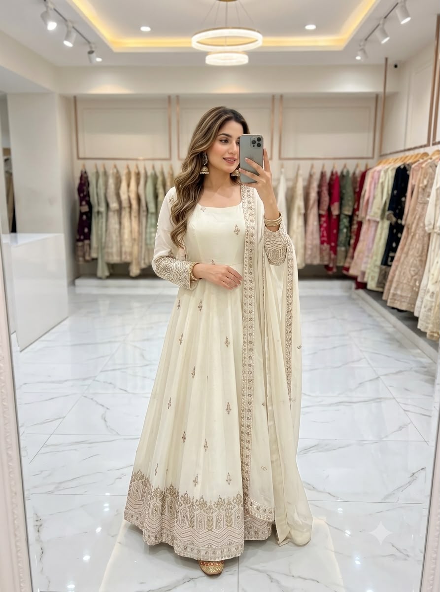 Women's Anarkali Gown Suit Set in Assorted Colors Pure Chinon Silk with Sequins Embroidery