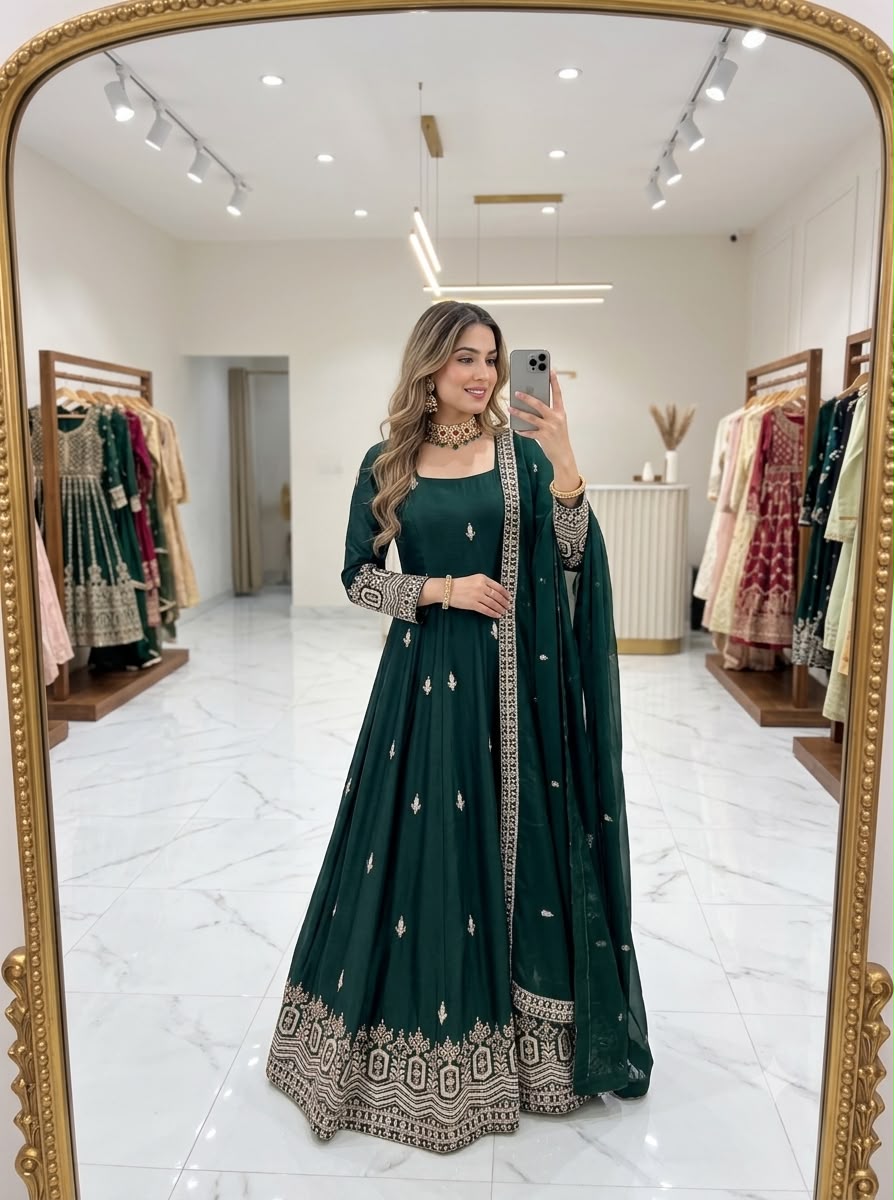 Women's Anarkali Gown Suit Set in Assorted Colors Pure Chinon Silk with Sequins Embroidery