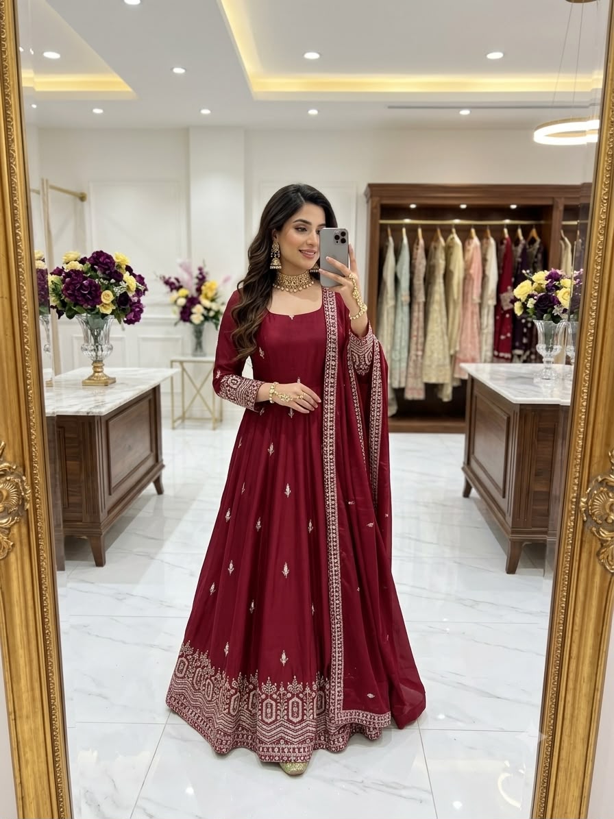 Women's Anarkali Gown Suit Set in Assorted Colors Pure Chinon Silk with Sequins Embroidery