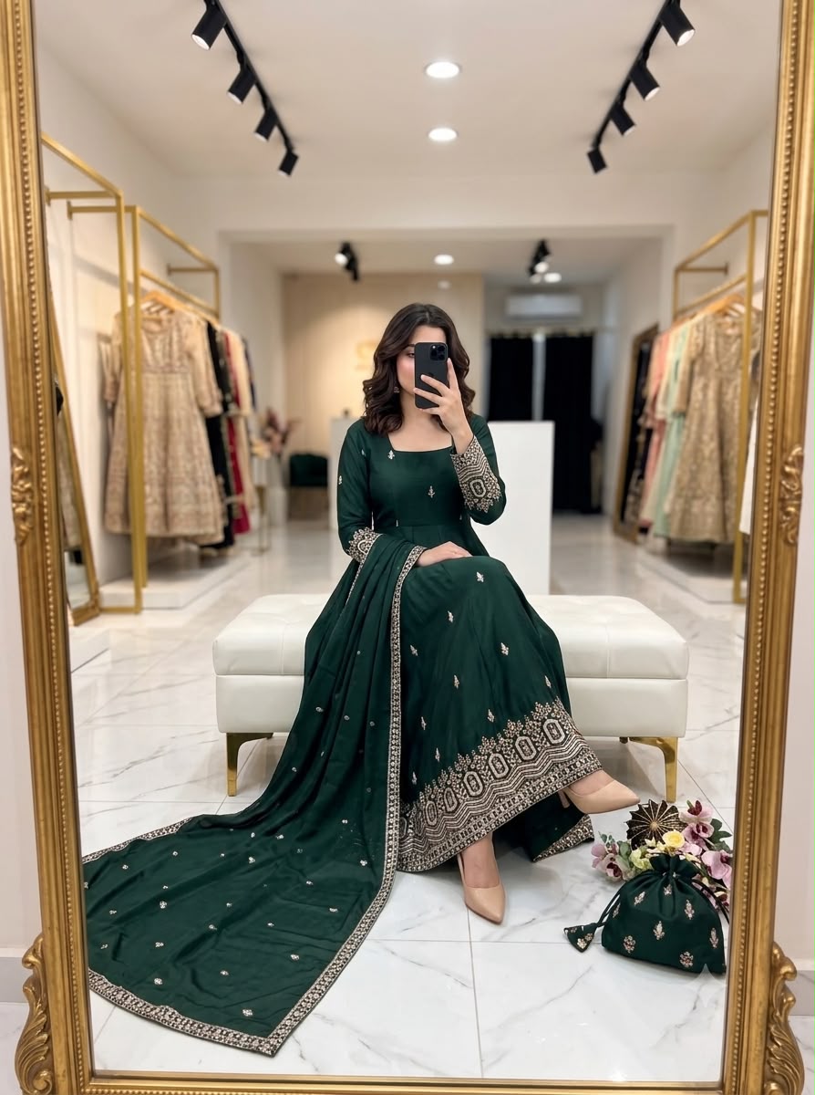 Women's Anarkali Gown Suit Set in Assorted Colors Pure Chinon Silk with Sequins Embroidery
