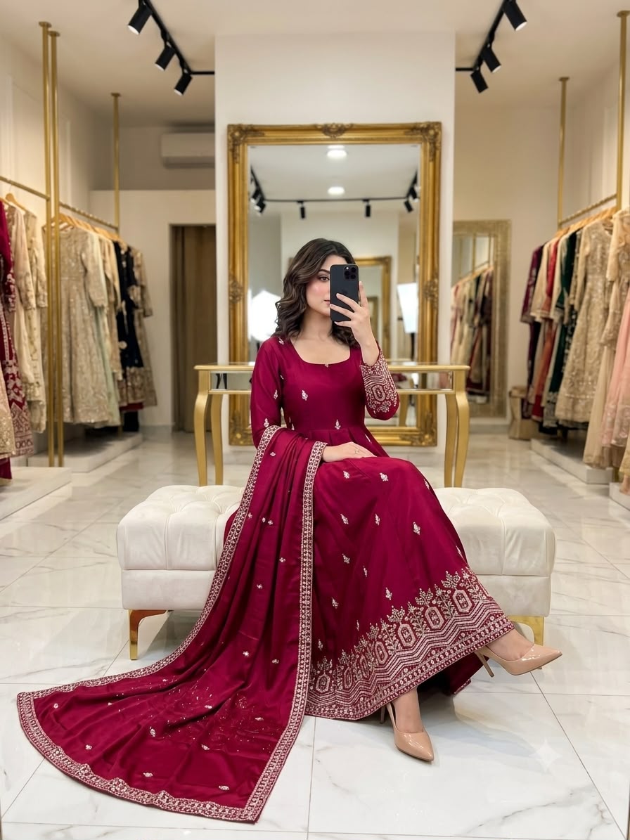 Women's Anarkali Gown Suit Set in Assorted Colors Pure Chinon Silk with Sequins Embroidery