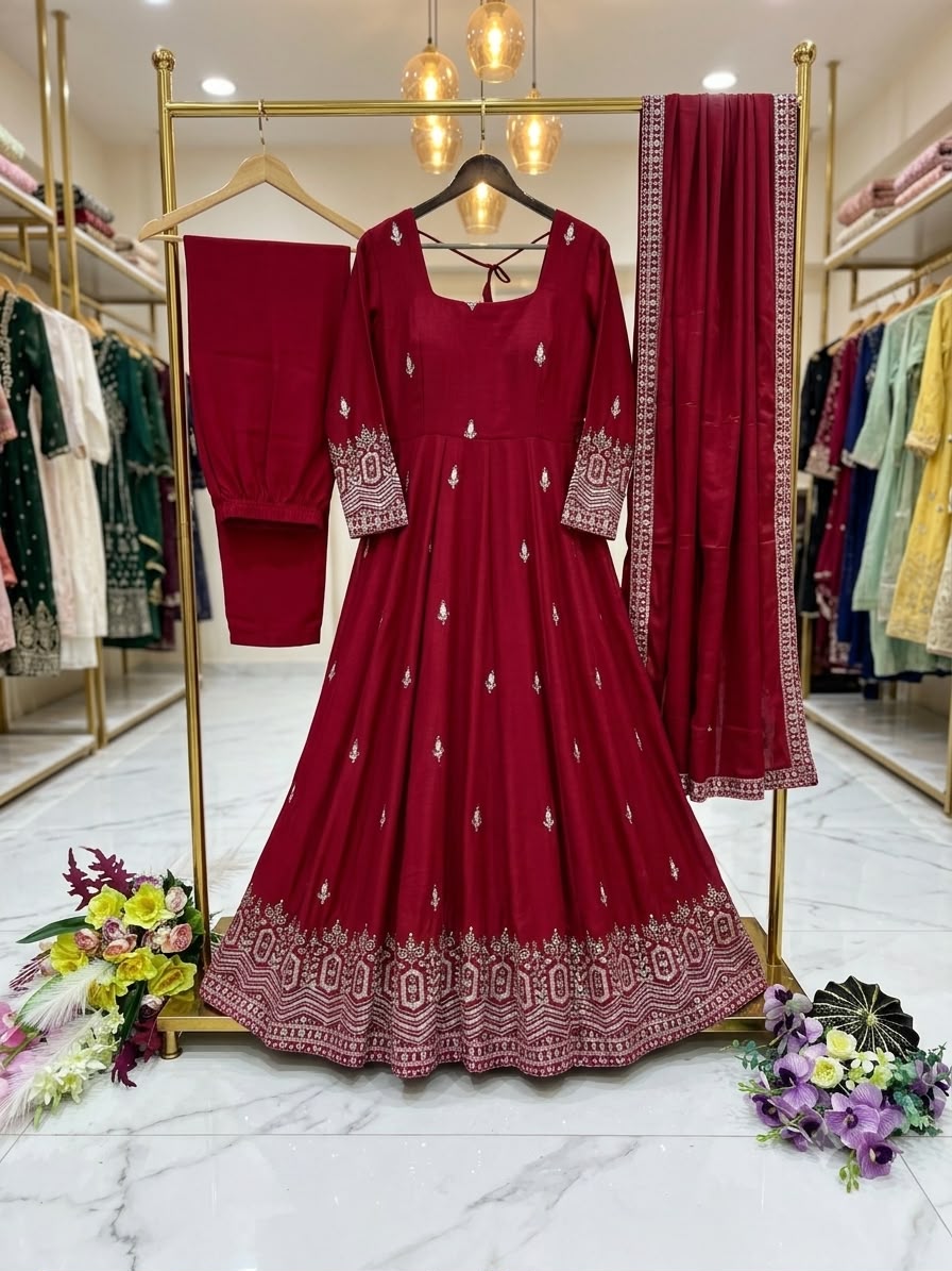 Women's Anarkali Gown Suit Set in Assorted Colors Pure Chinon Silk with Sequins Embroidery