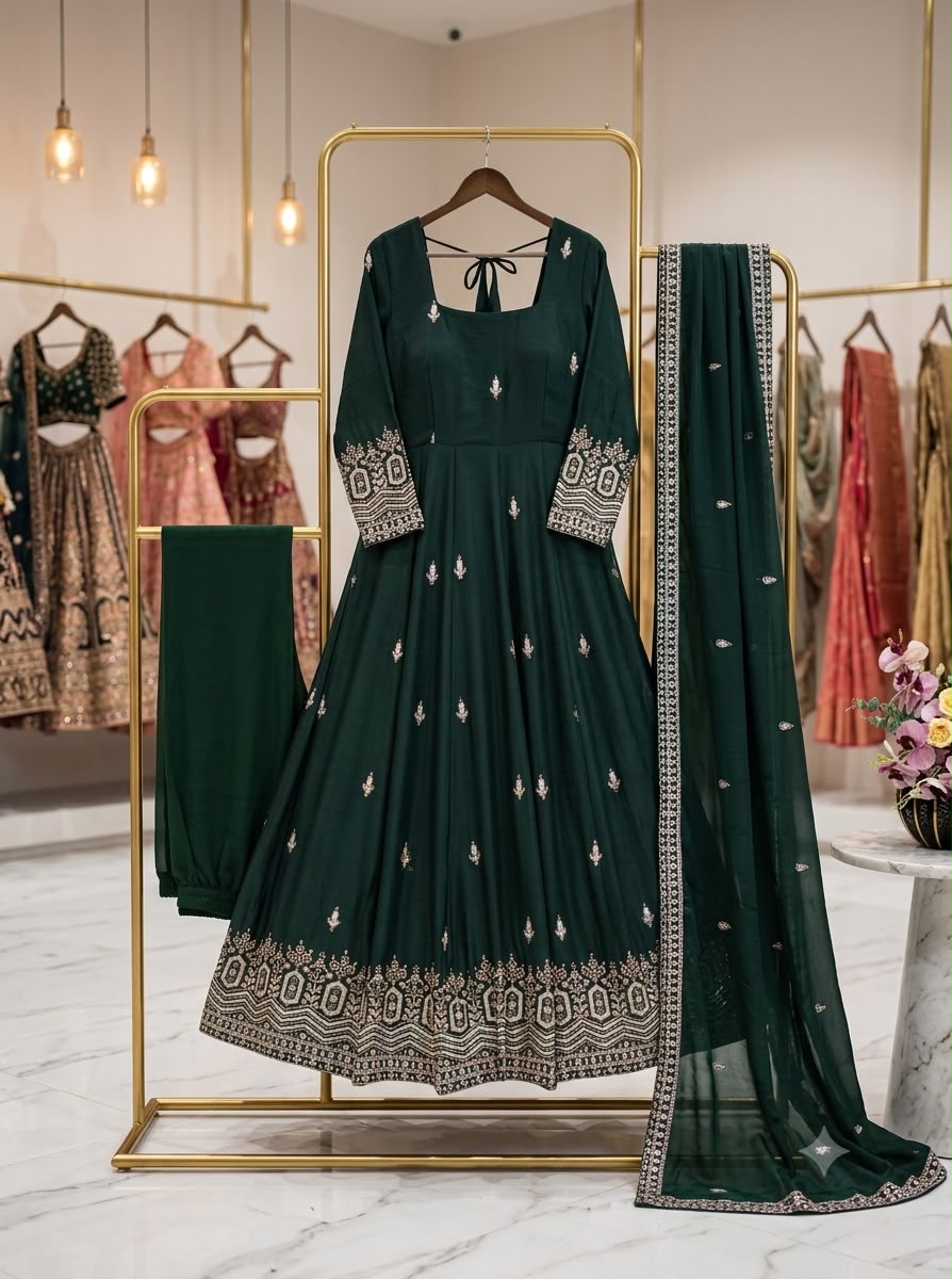 Women's Anarkali Gown Suit Set in Assorted Colors Pure Chinon Silk with Sequins Embroidery