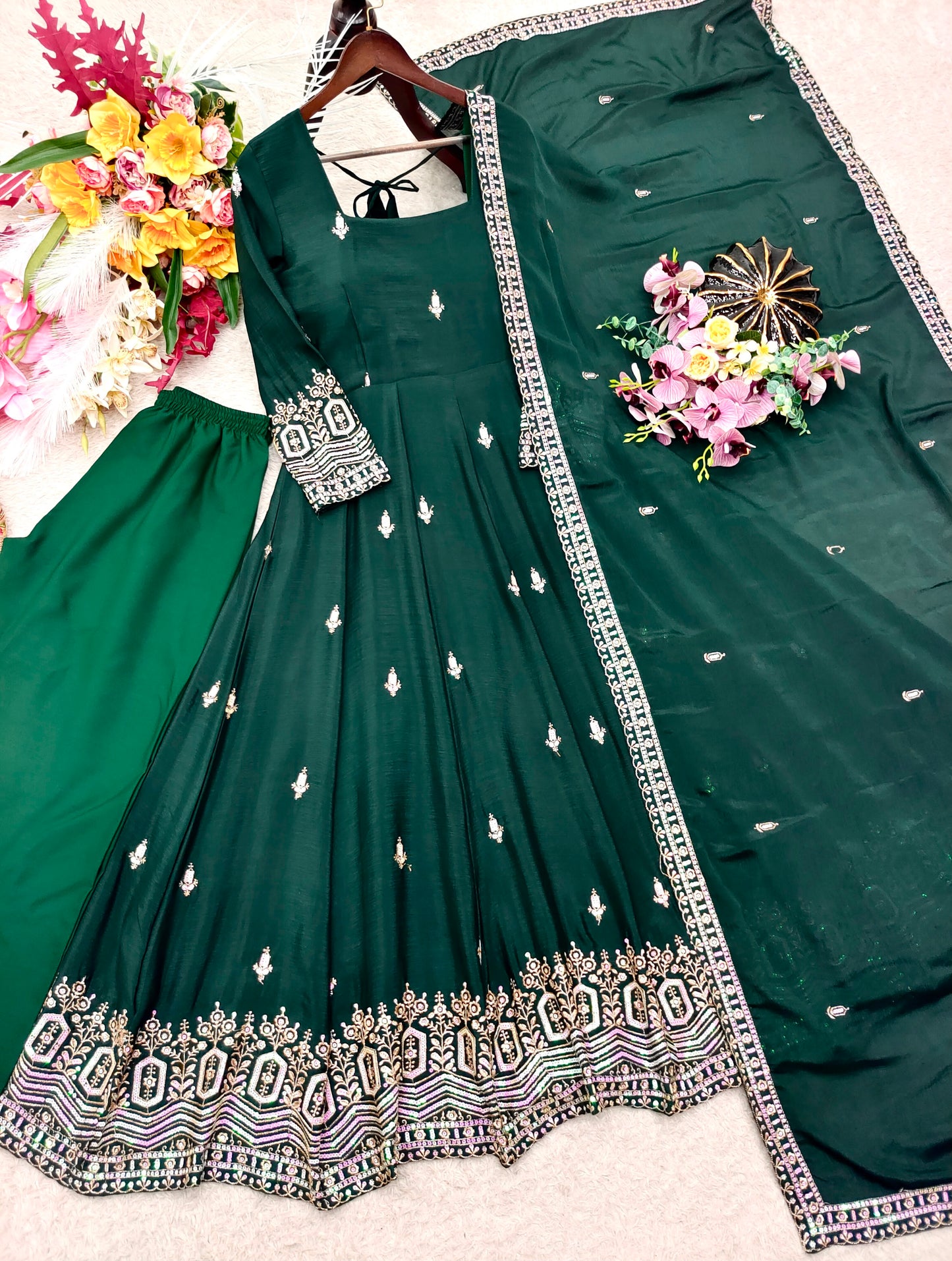 Women's Anarkali Gown Suit Set in Assorted Colors Pure Chinon Silk with Sequins Embroidery