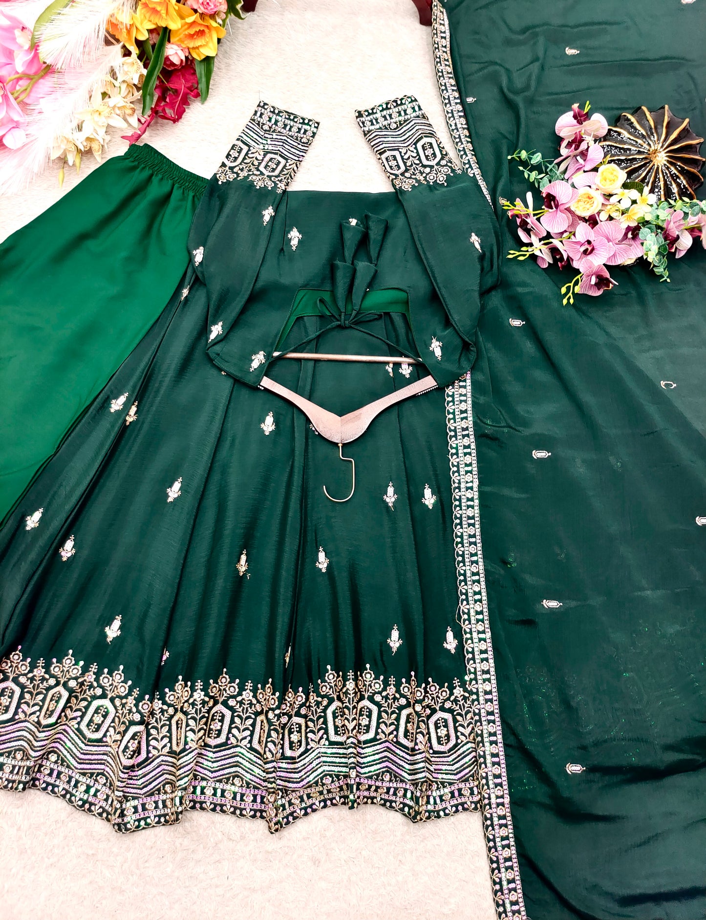 Women's Anarkali Gown Suit Set in Assorted Colors Pure Chinon Silk with Sequins Embroidery