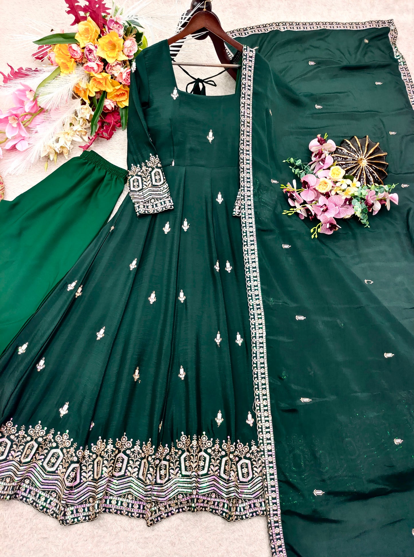 Women's Anarkali Gown Suit Set in Assorted Colors Pure Chinon Silk with Sequins Embroidery