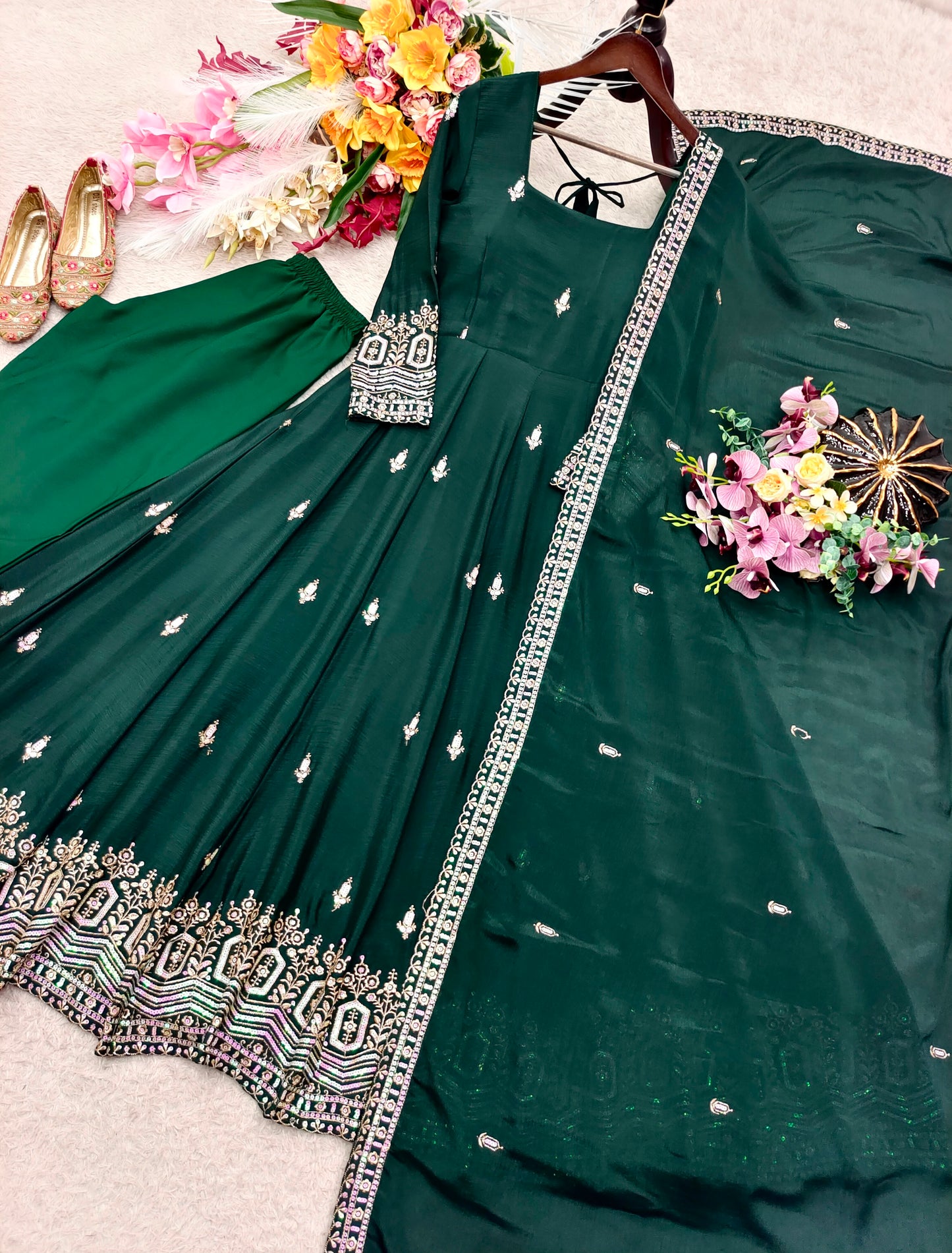 Women's Anarkali Gown Suit Set in Assorted Colors Pure Chinon Silk with Sequins Embroidery