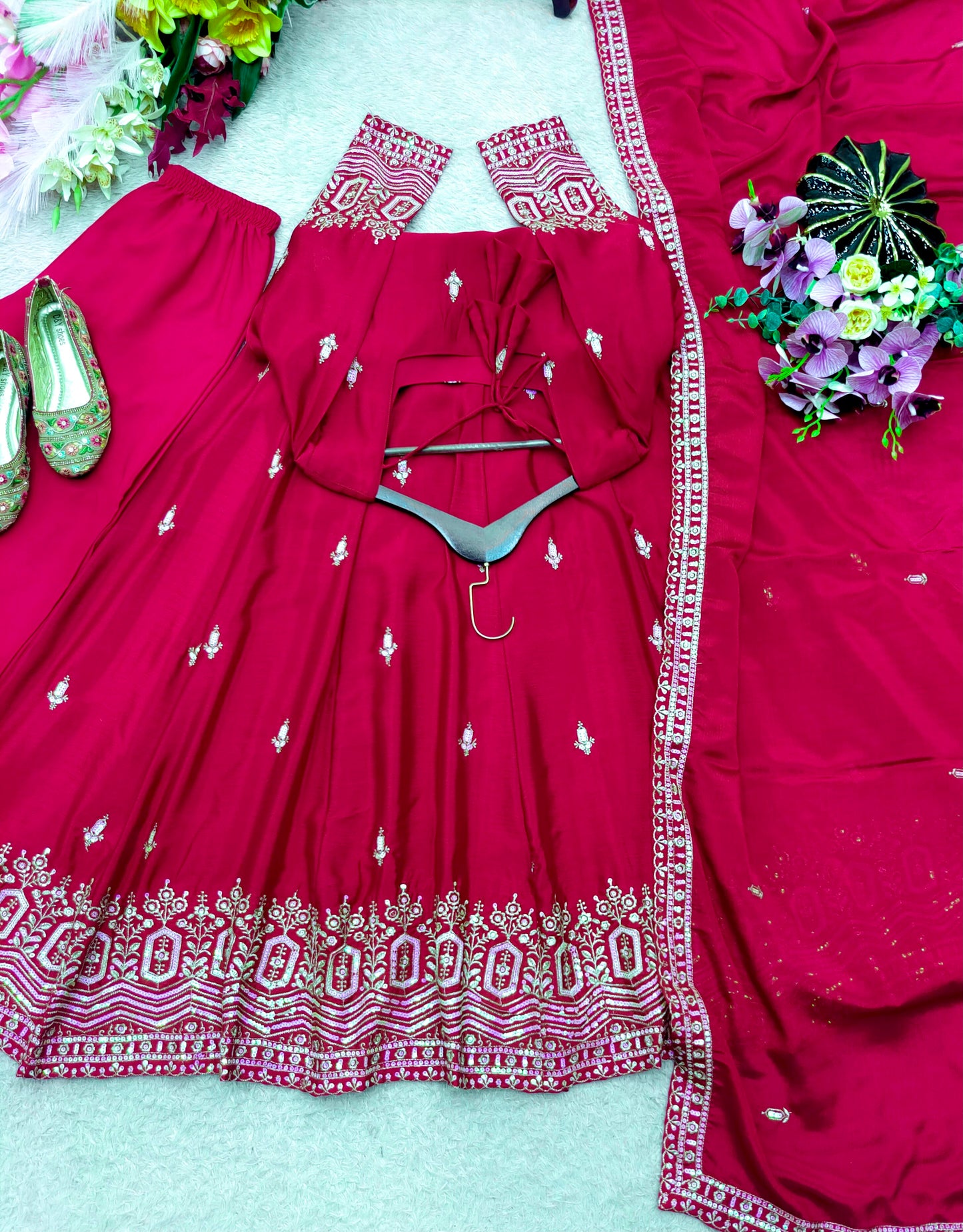Women's Anarkali Gown Suit Set in Assorted Colors Pure Chinon Silk with Sequins Embroidery