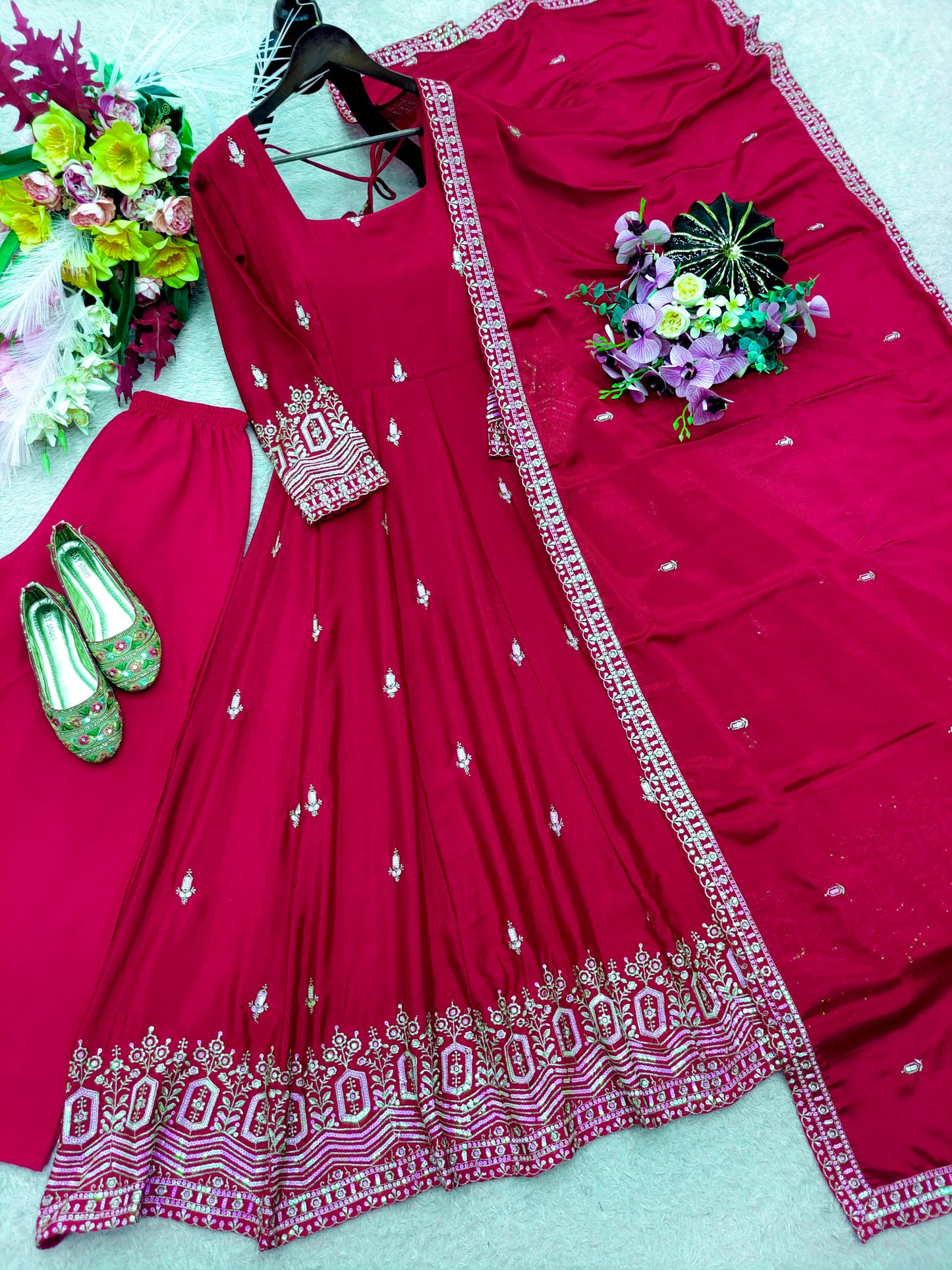 Women's Anarkali Gown Suit Set in Assorted Colors Pure Chinon Silk with Sequins Embroidery