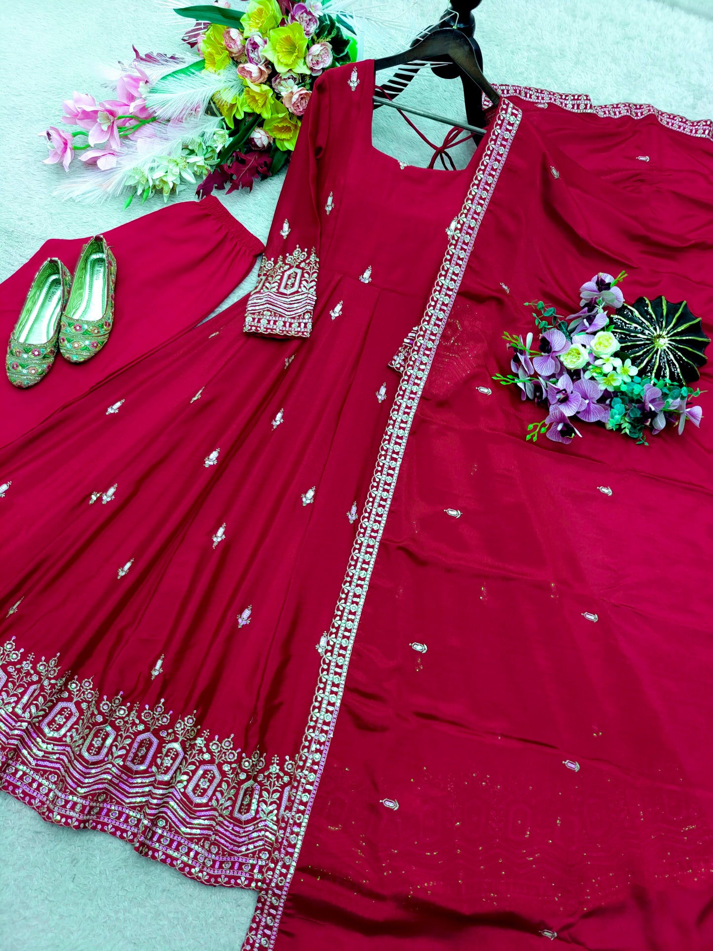 Women's Anarkali Gown Suit Set in Assorted Colors Pure Chinon Silk with Sequins Embroidery