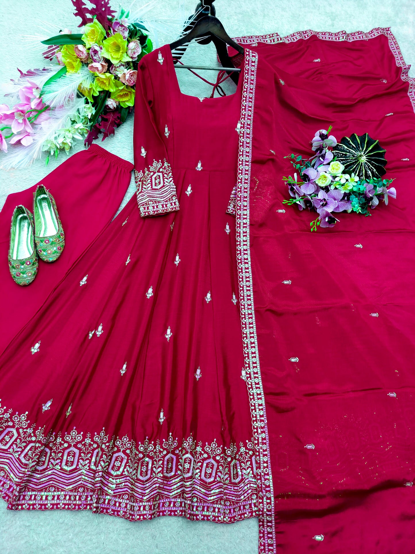 Women's Anarkali Gown Suit Set in Assorted Colors Pure Chinon Silk with Sequins Embroidery