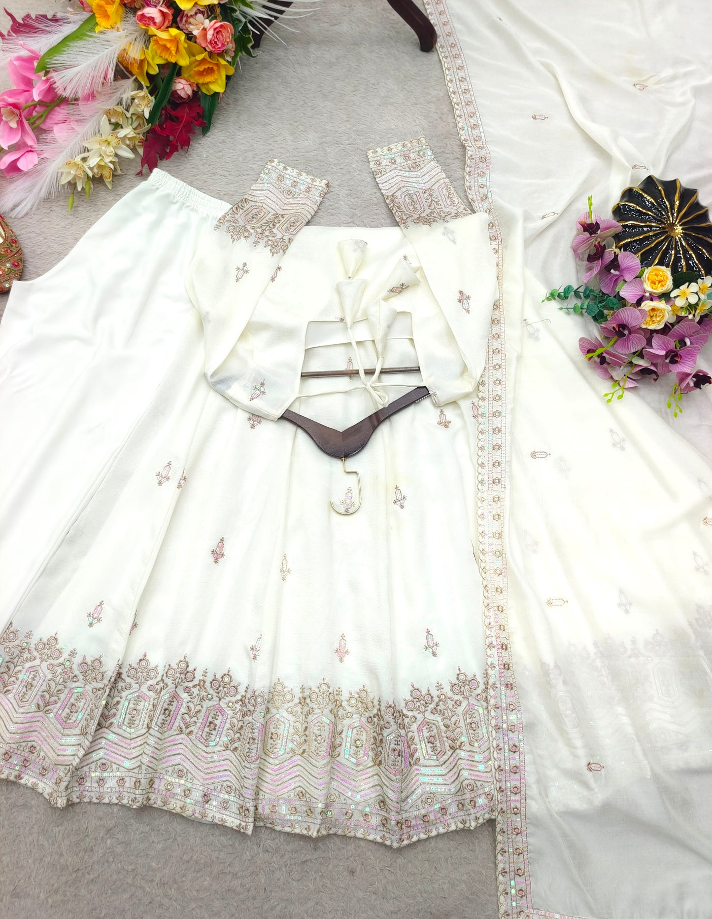 Women's Anarkali Gown Suit Set in Assorted Colors Pure Chinon Silk with Sequins Embroidery