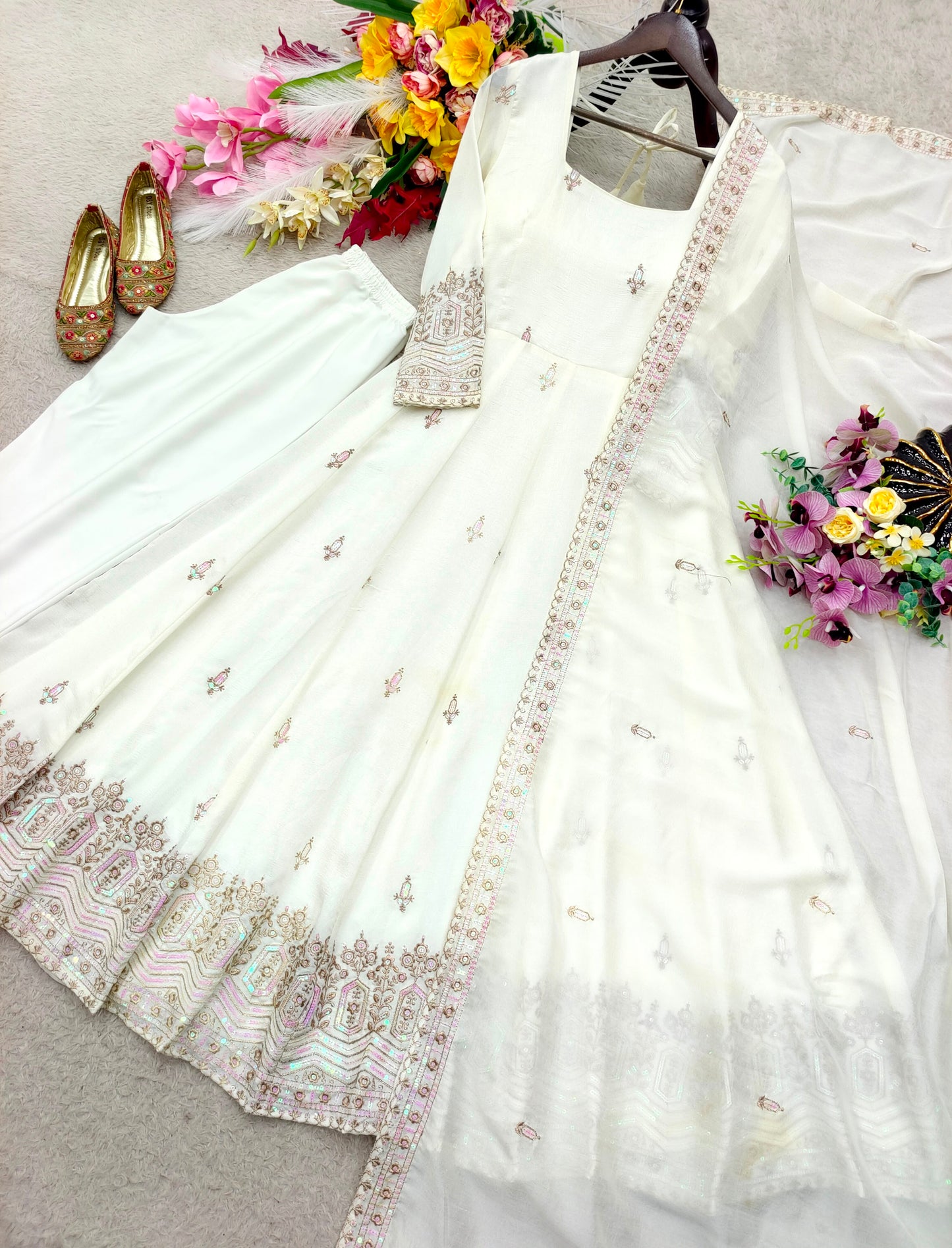 Women's Anarkali Gown Suit Set in Assorted Colors Pure Chinon Silk with Sequins Embroidery