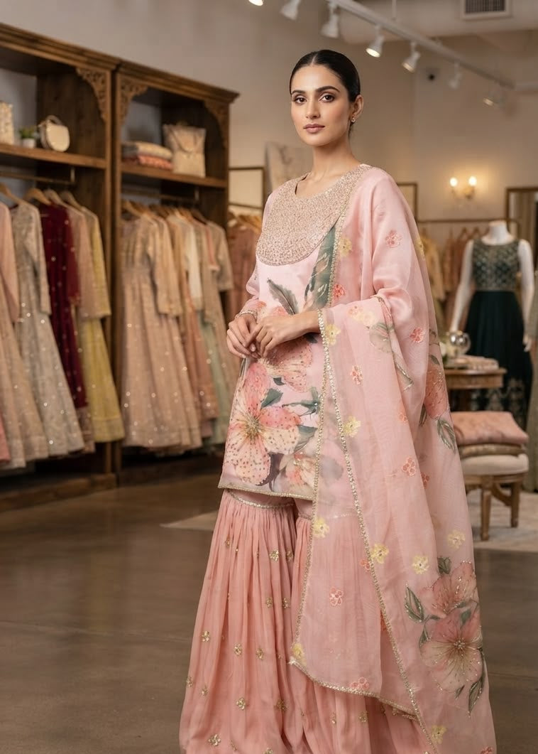 Women's Sharara Suit Set in Blush Pink Printed Soft Organza with Sequin Embroidery