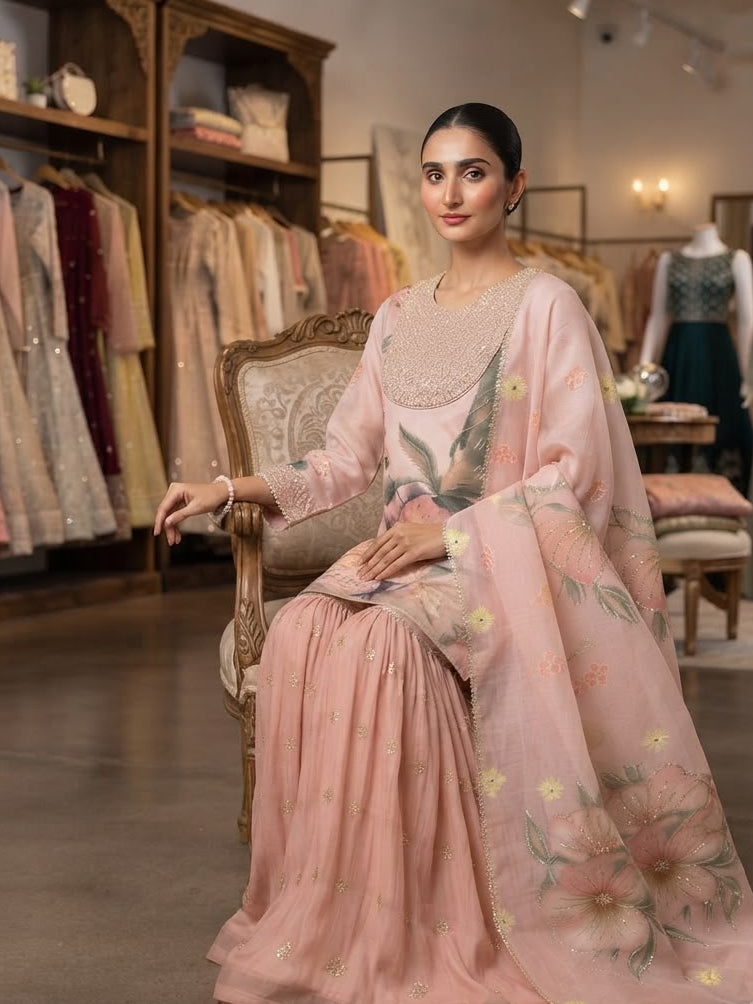Women's Sharara Suit Set in Blush Pink Printed Soft Organza with Sequin Embroidery