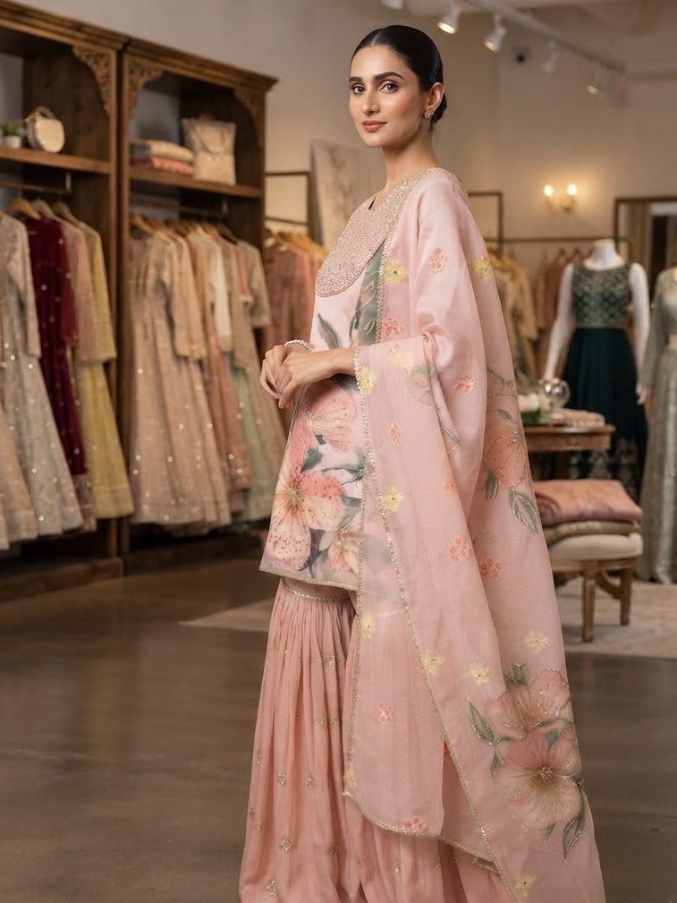 Women's Sharara Suit Set in Blush Pink Printed Soft Organza with Sequin Embroidery