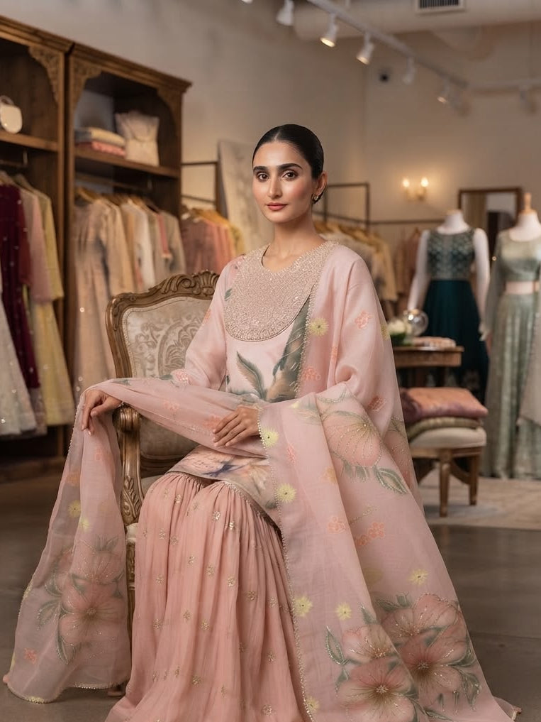 Women's Sharara Suit Set in Blush Pink Printed Soft Organza with Sequin Embroidery