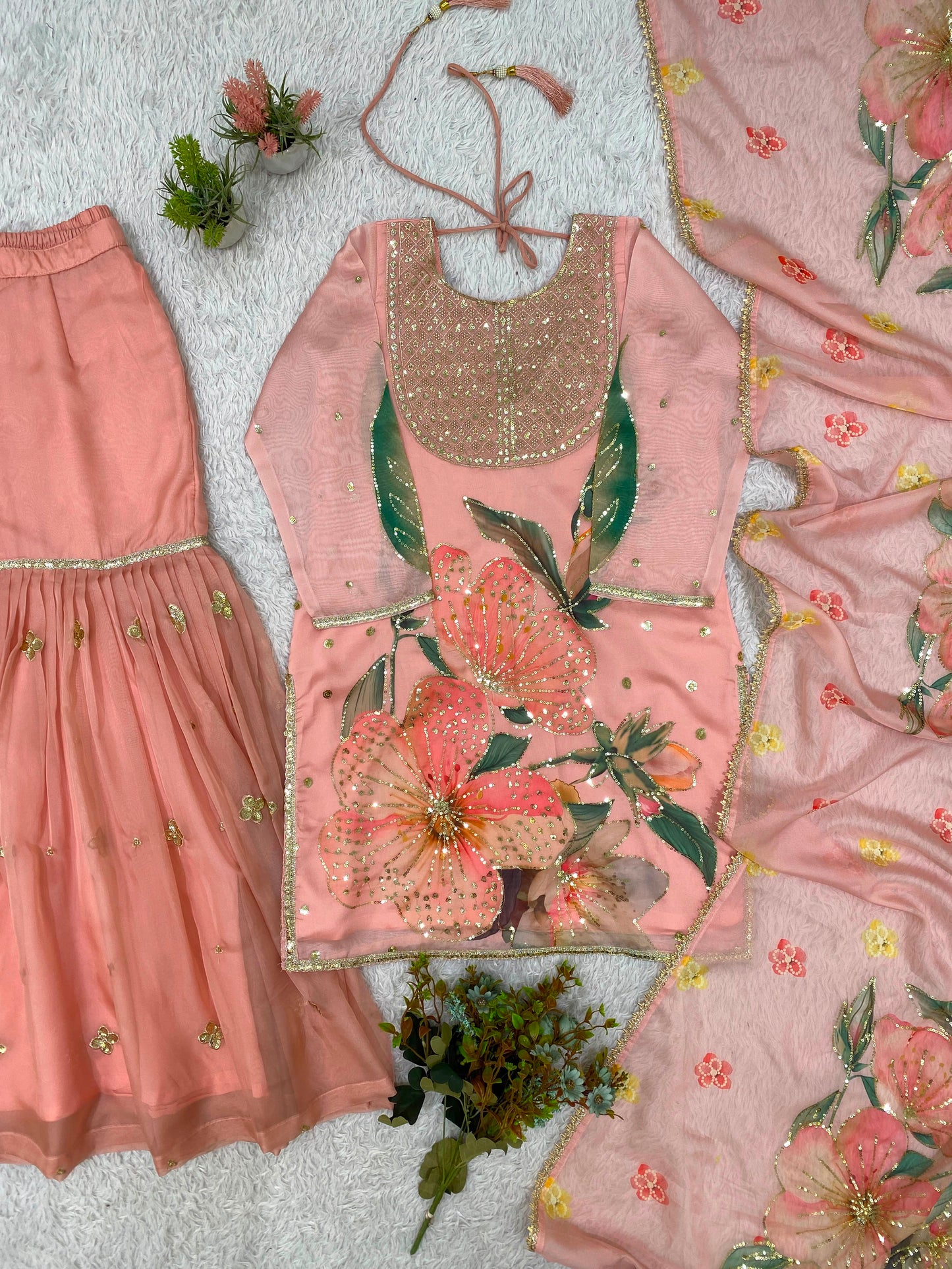 Women's Sharara Suit Set in Blush Pink Printed Soft Organza with Sequin Embroidery