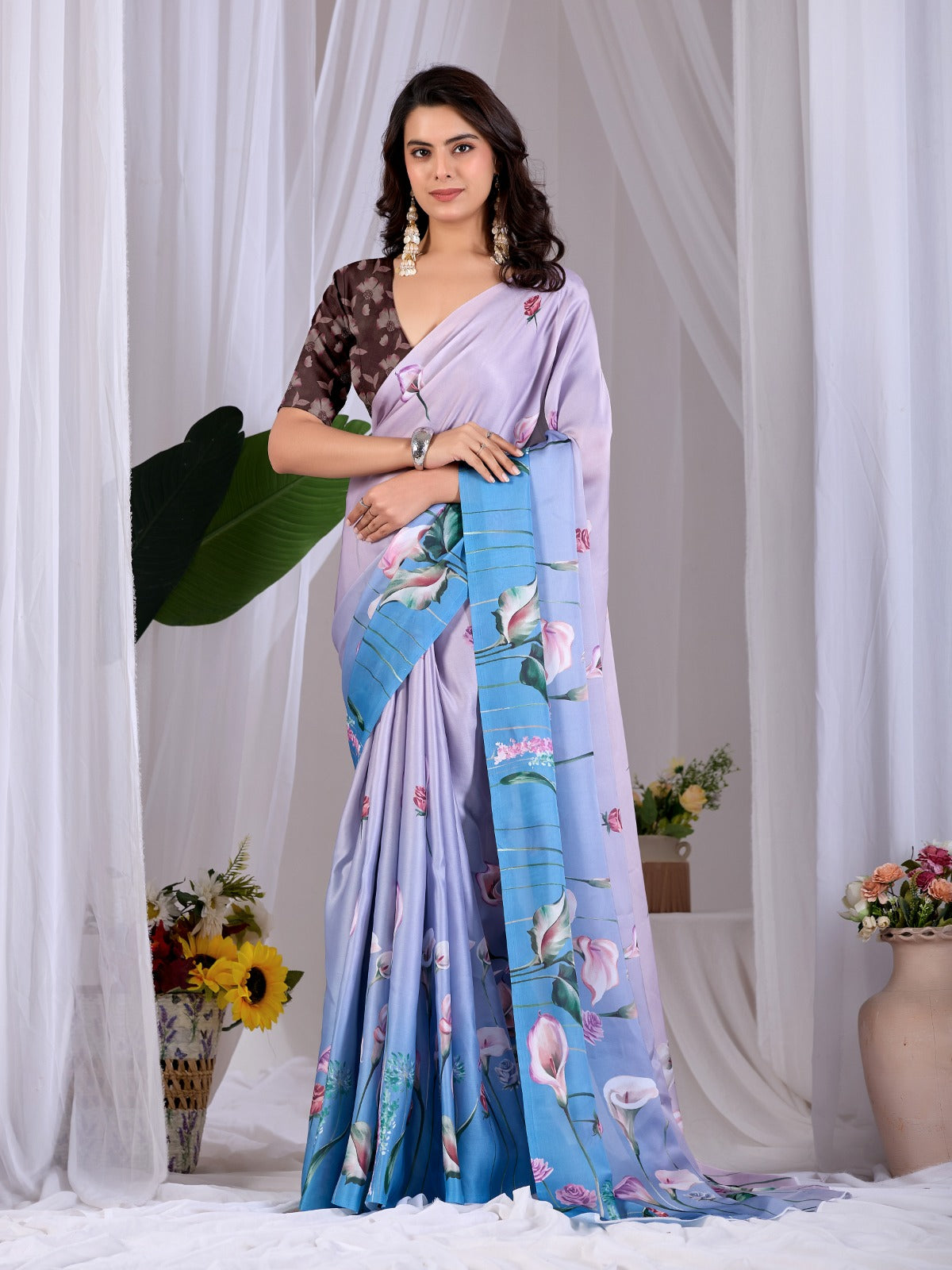 Women's Satin Georgette Saree in Lavender and Sky Blue with Floral Digital Print
