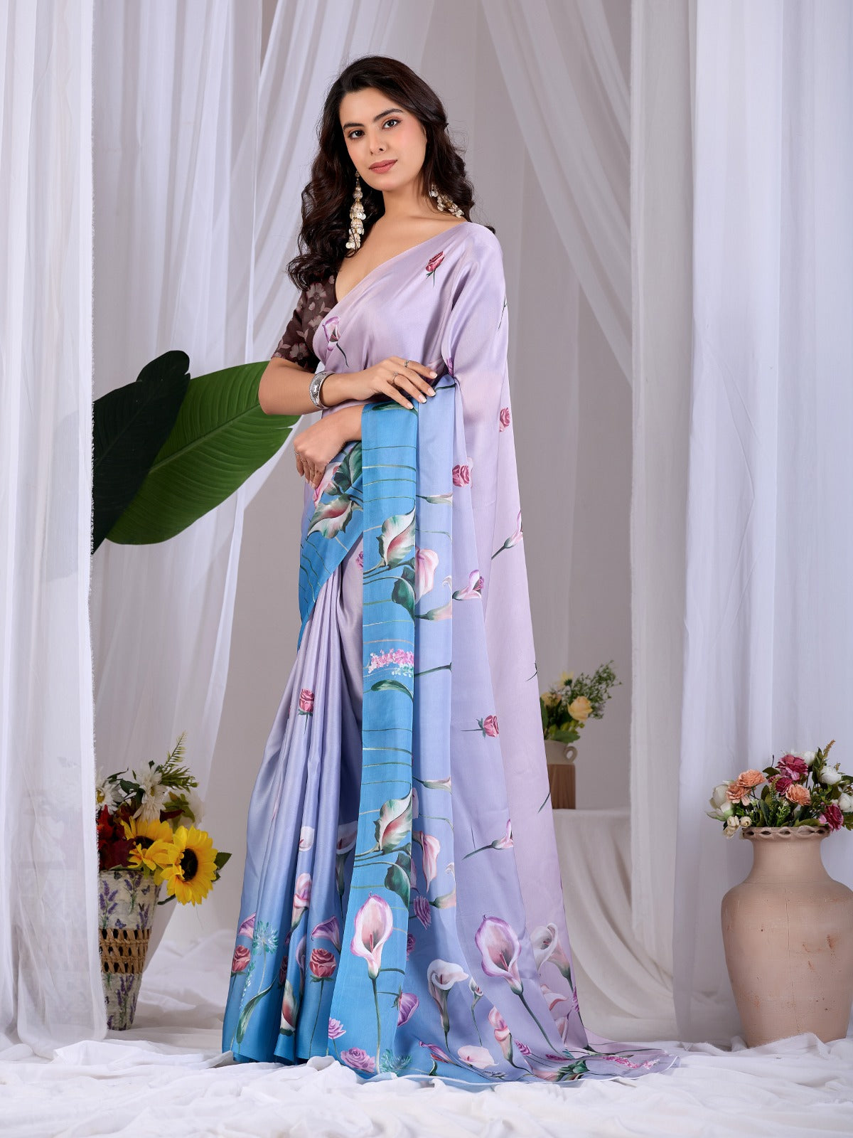 Women's Satin Georgette Saree in Lavender and Sky Blue with Floral Digital Print
