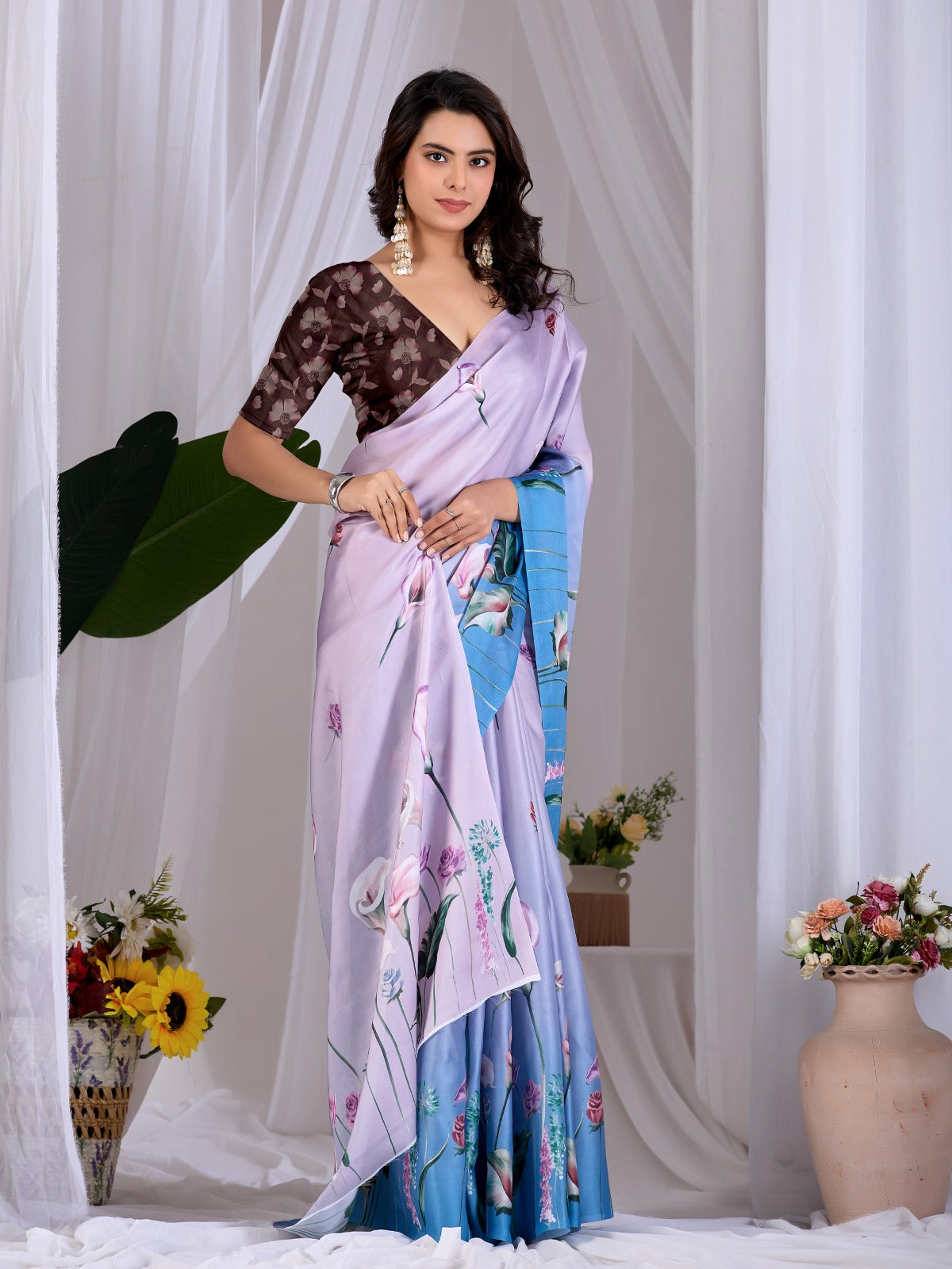 Women's Satin Georgette Saree in Lavender and Sky Blue with Floral Digital Print