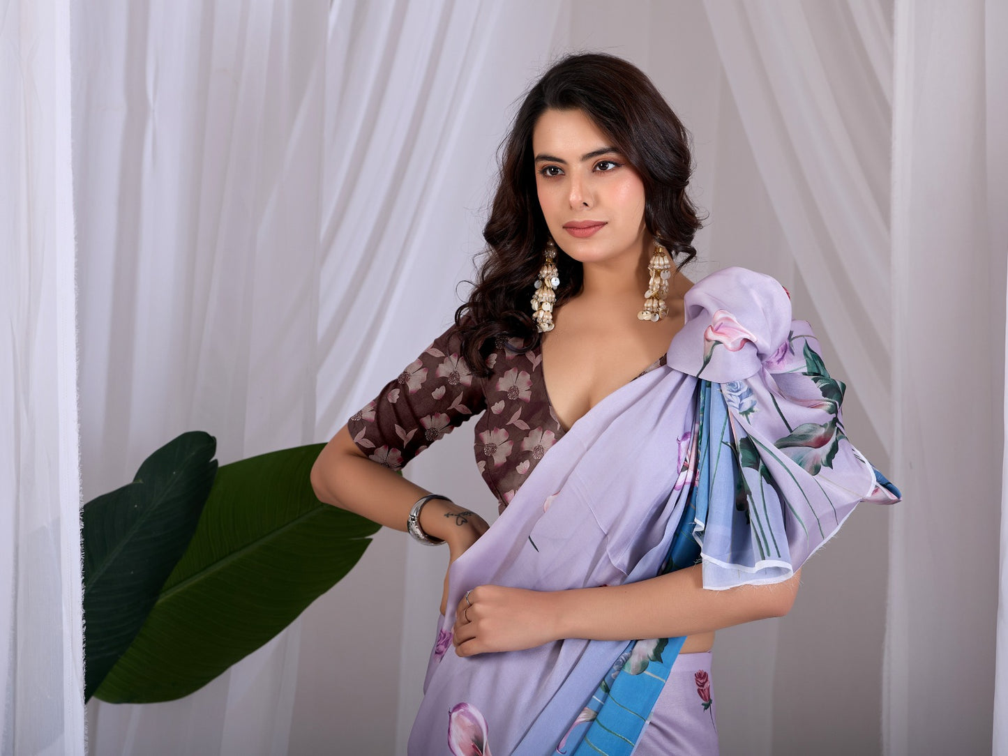 Women's Satin Georgette Saree in Lavender and Sky Blue with Floral Digital Print
