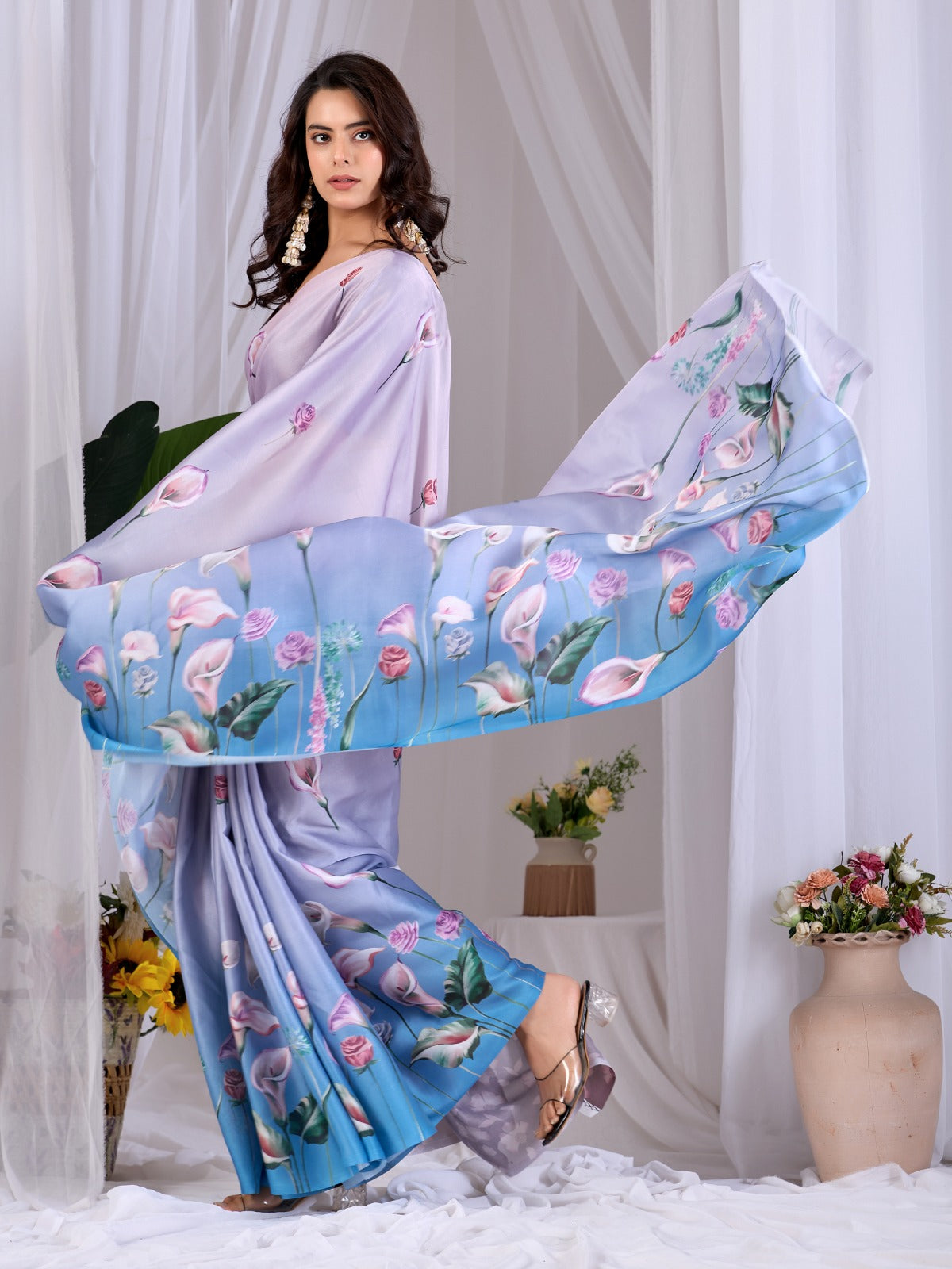 Women's Satin Georgette Saree in Lavender and Sky Blue with Floral Digital Print