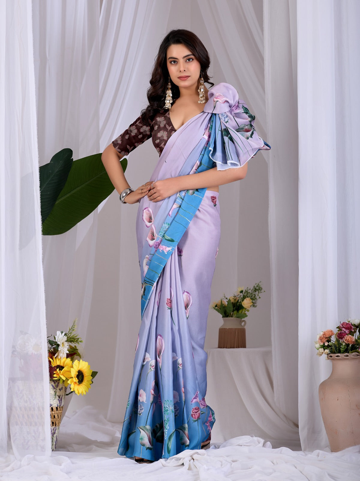 Women's Satin Georgette Saree in Lavender and Sky Blue with Floral Digital Print