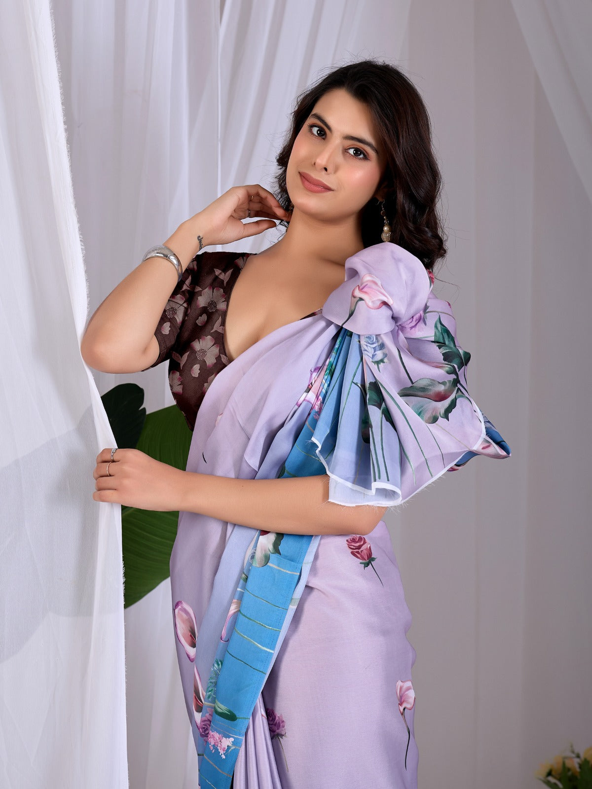 Women's Satin Georgette Saree in Lavender and Sky Blue with Floral Digital Print
