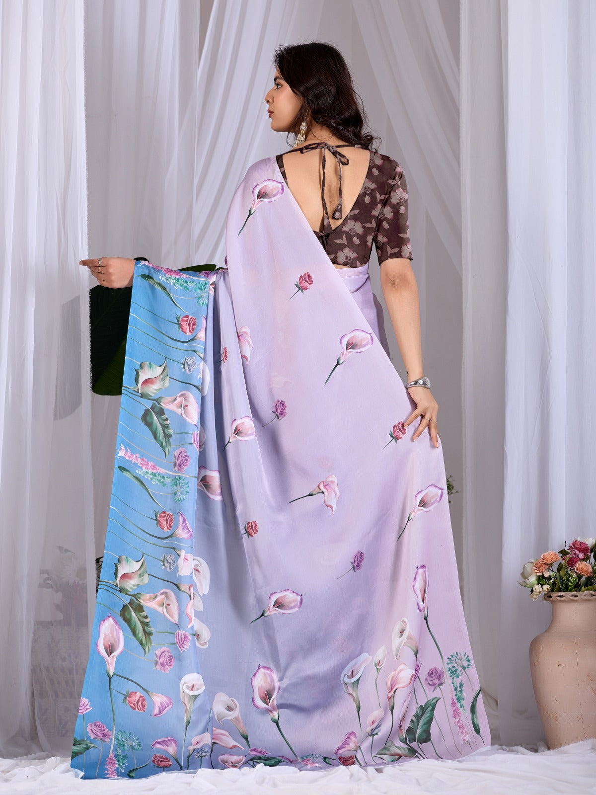 Women's Satin Georgette Saree in Lavender and Sky Blue with Floral Digital Print