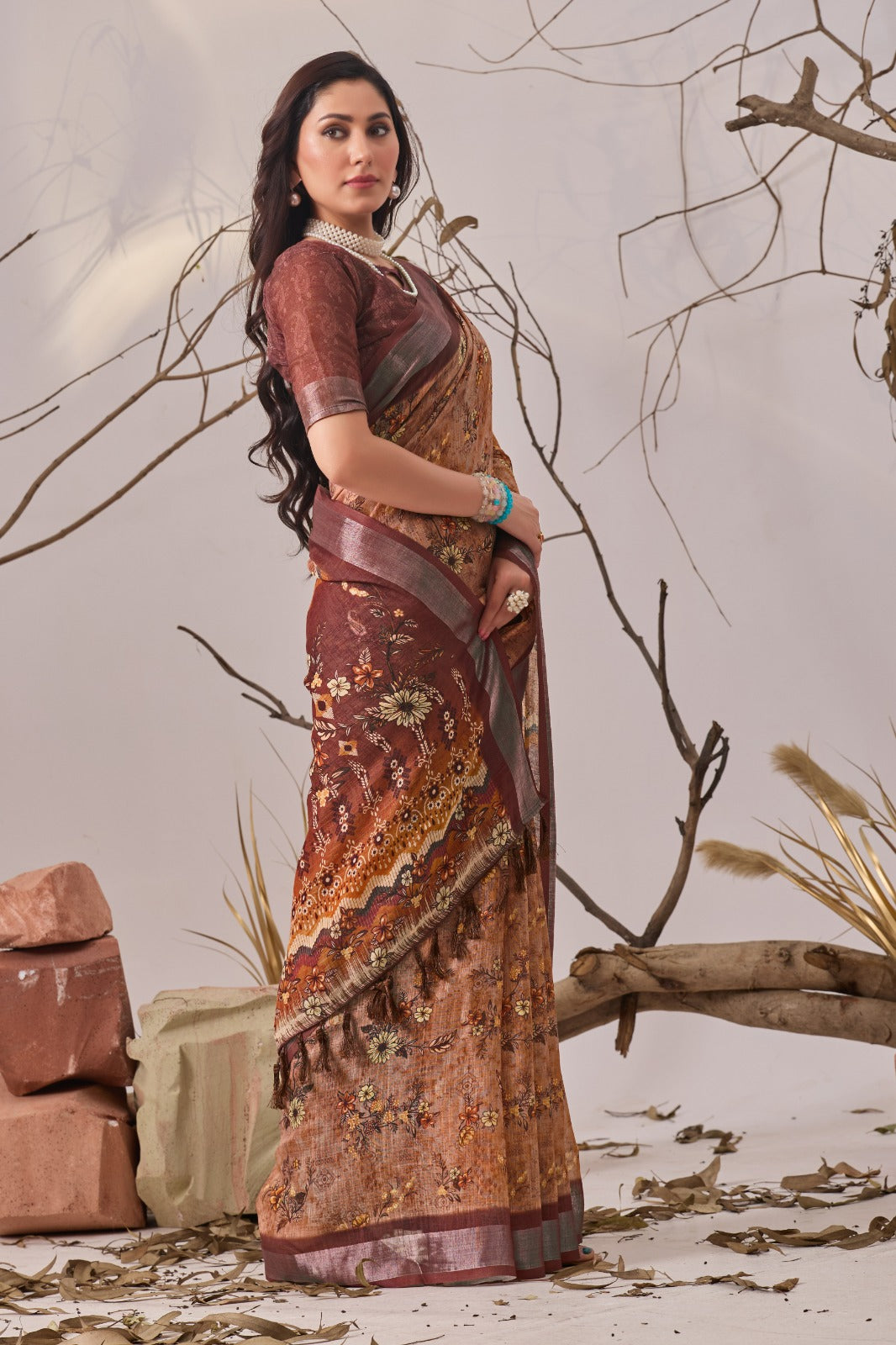 Women's Linen Cotton Saree in Dusty Brown with Digital Floral Print