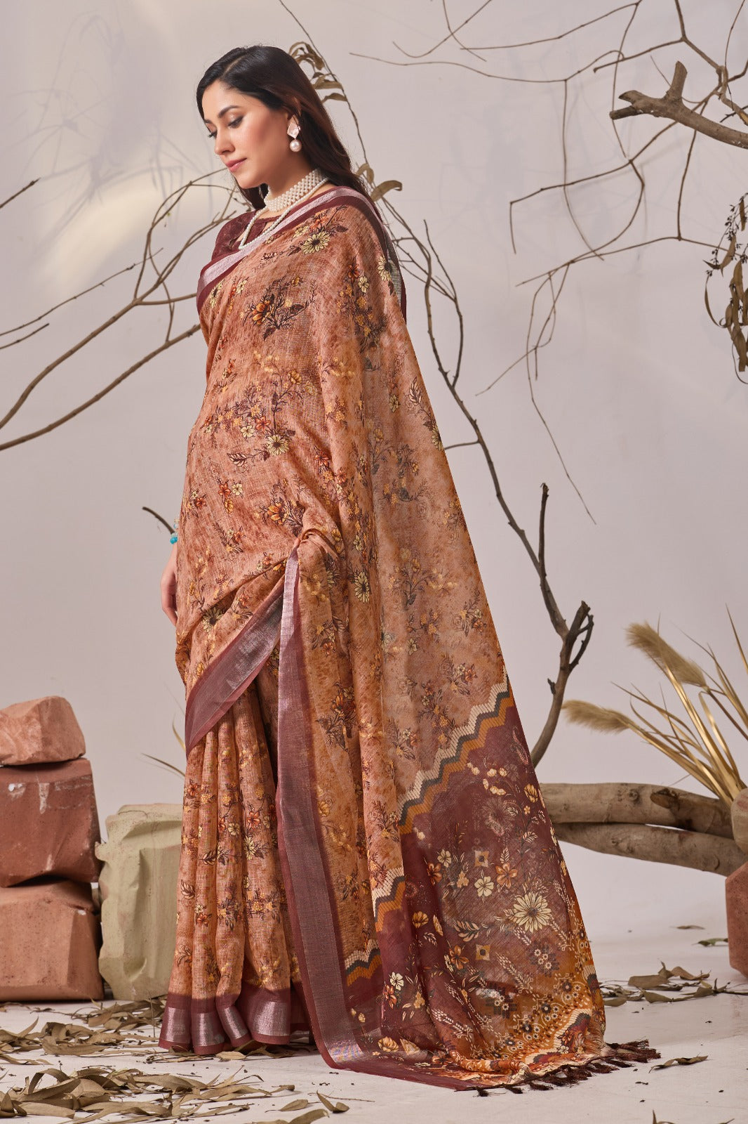 Women's Linen Cotton Saree in Dusty Brown with Digital Floral Print