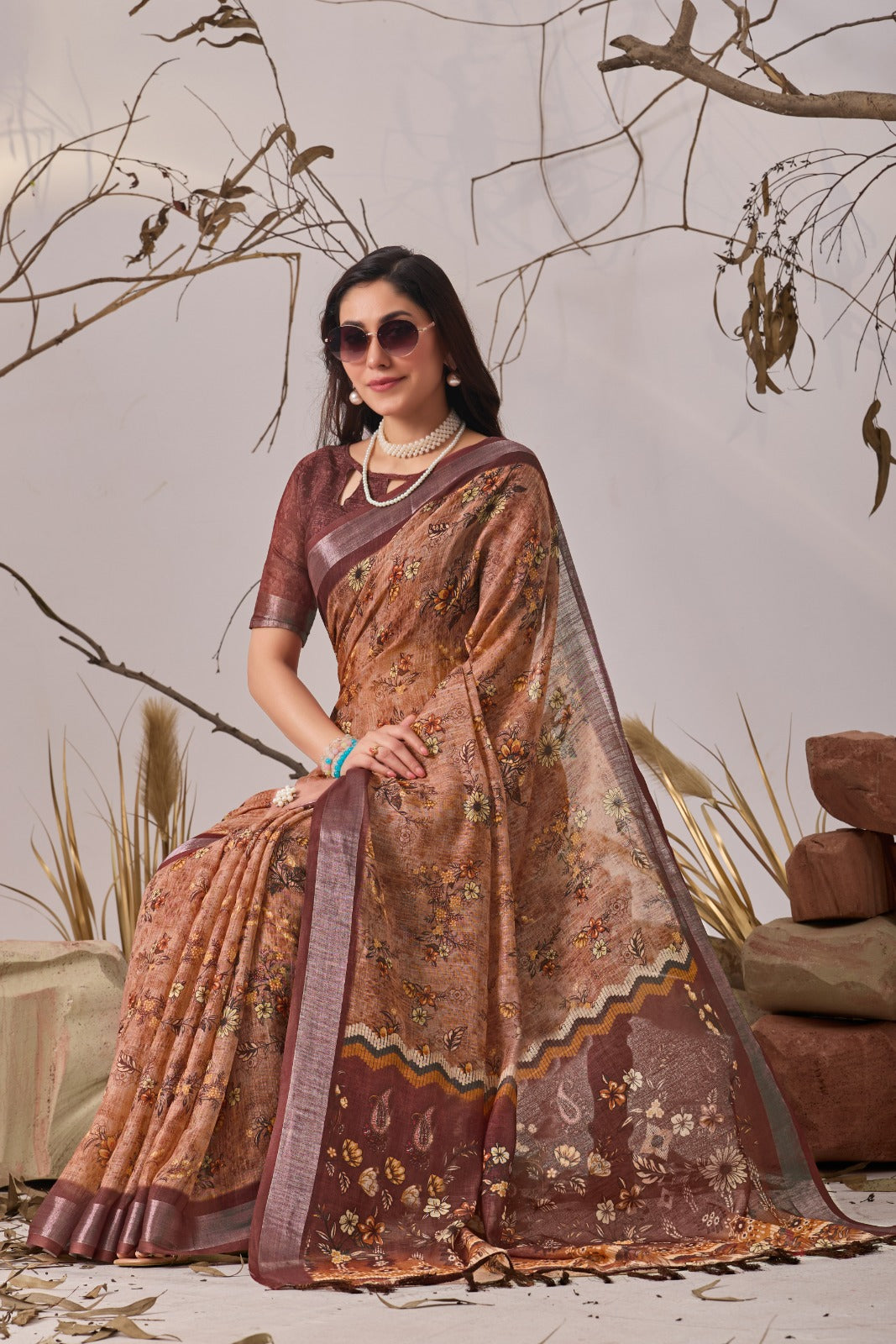Women's Linen Cotton Saree in Dusty Brown with Digital Floral Print