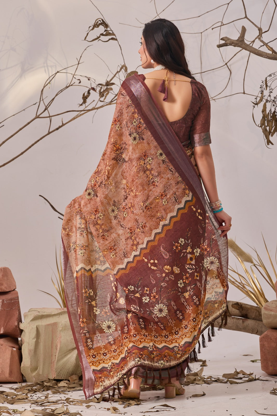 Women's Linen Cotton Saree in Dusty Brown with Digital Floral Print