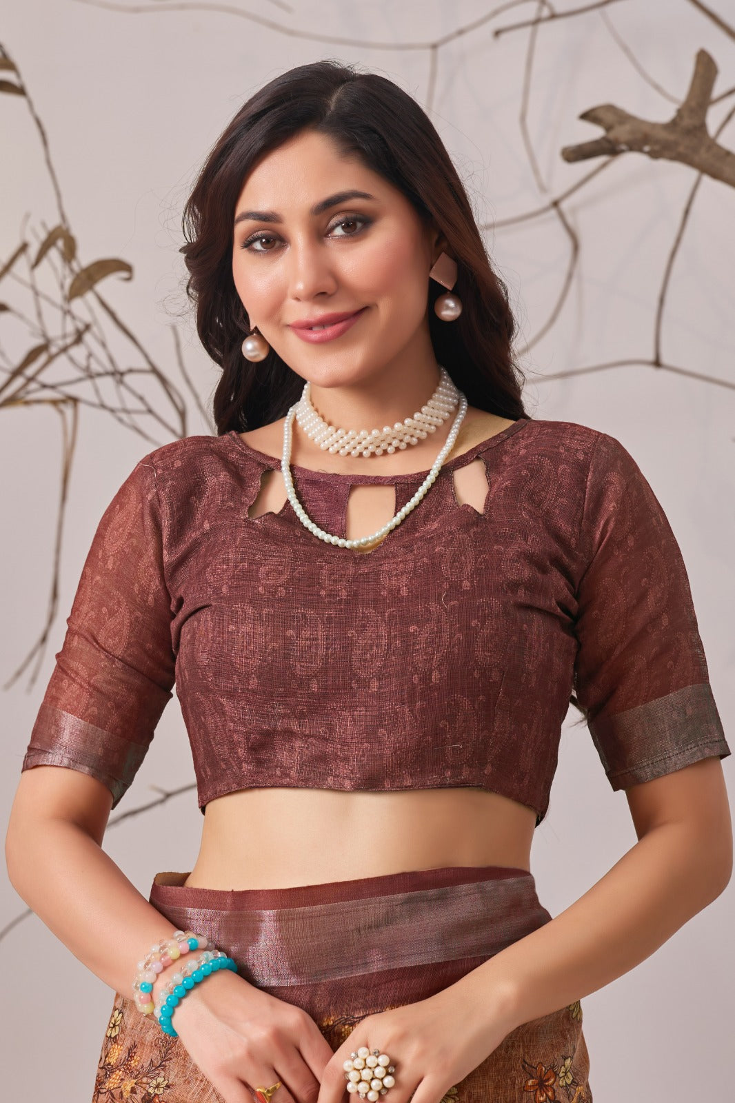 Women's Linen Cotton Saree in Dusty Brown with Digital Floral Print