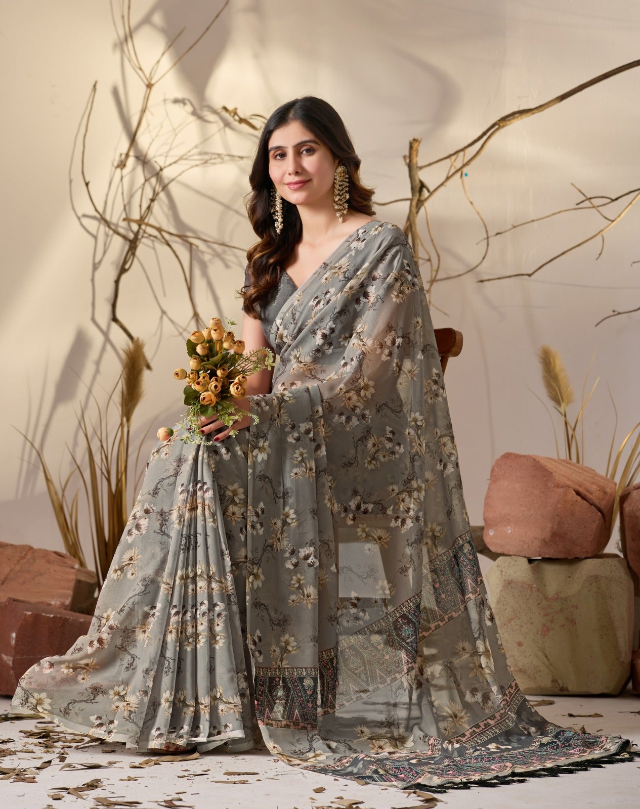 Women's Georgette Saree in Muted Grey Soft Georgette with Digital Floral Print