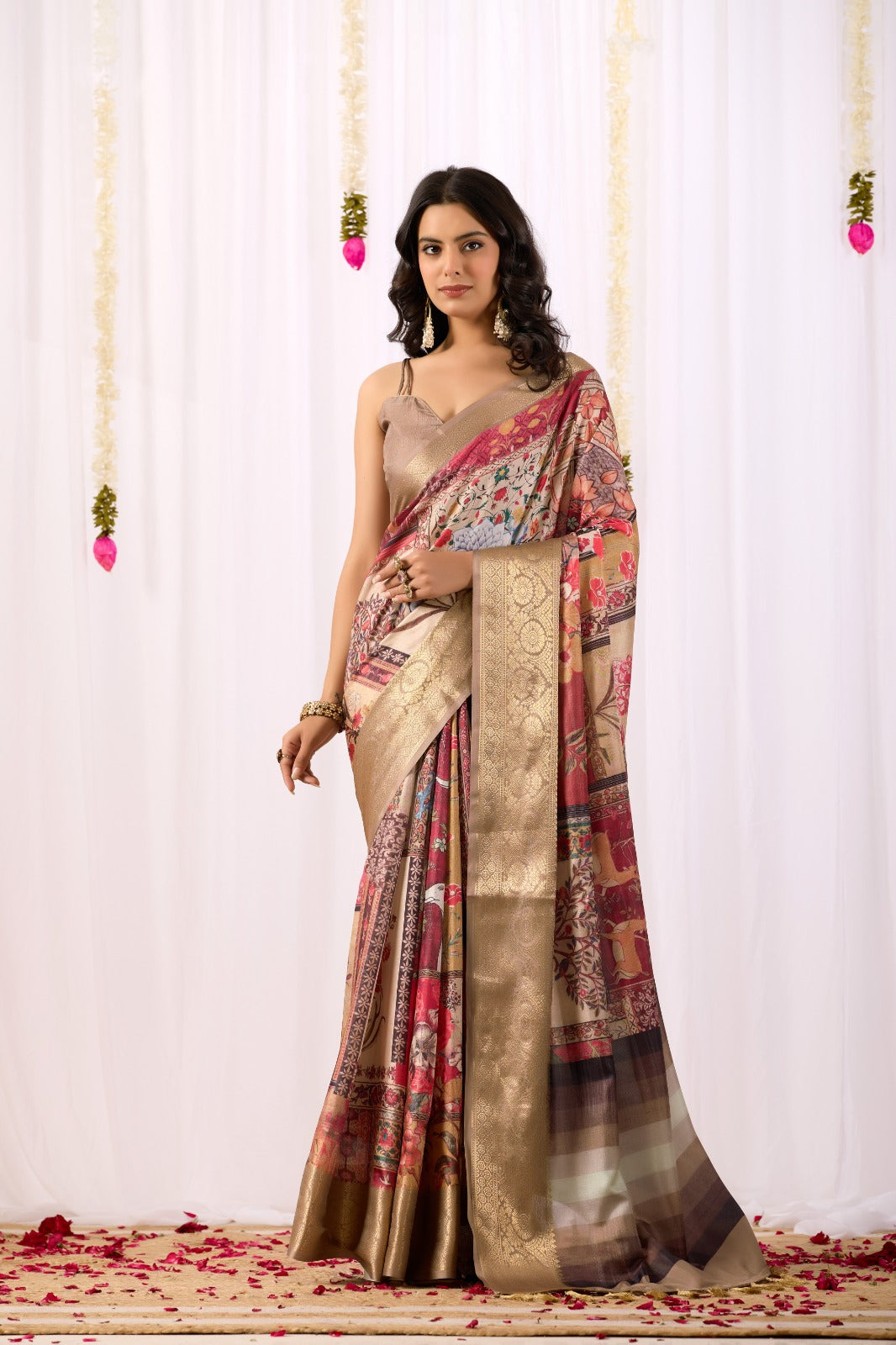 Women's Lichi Silk Saree in Beige Multi-Color with Tribal Art Print and Rich Zari Border