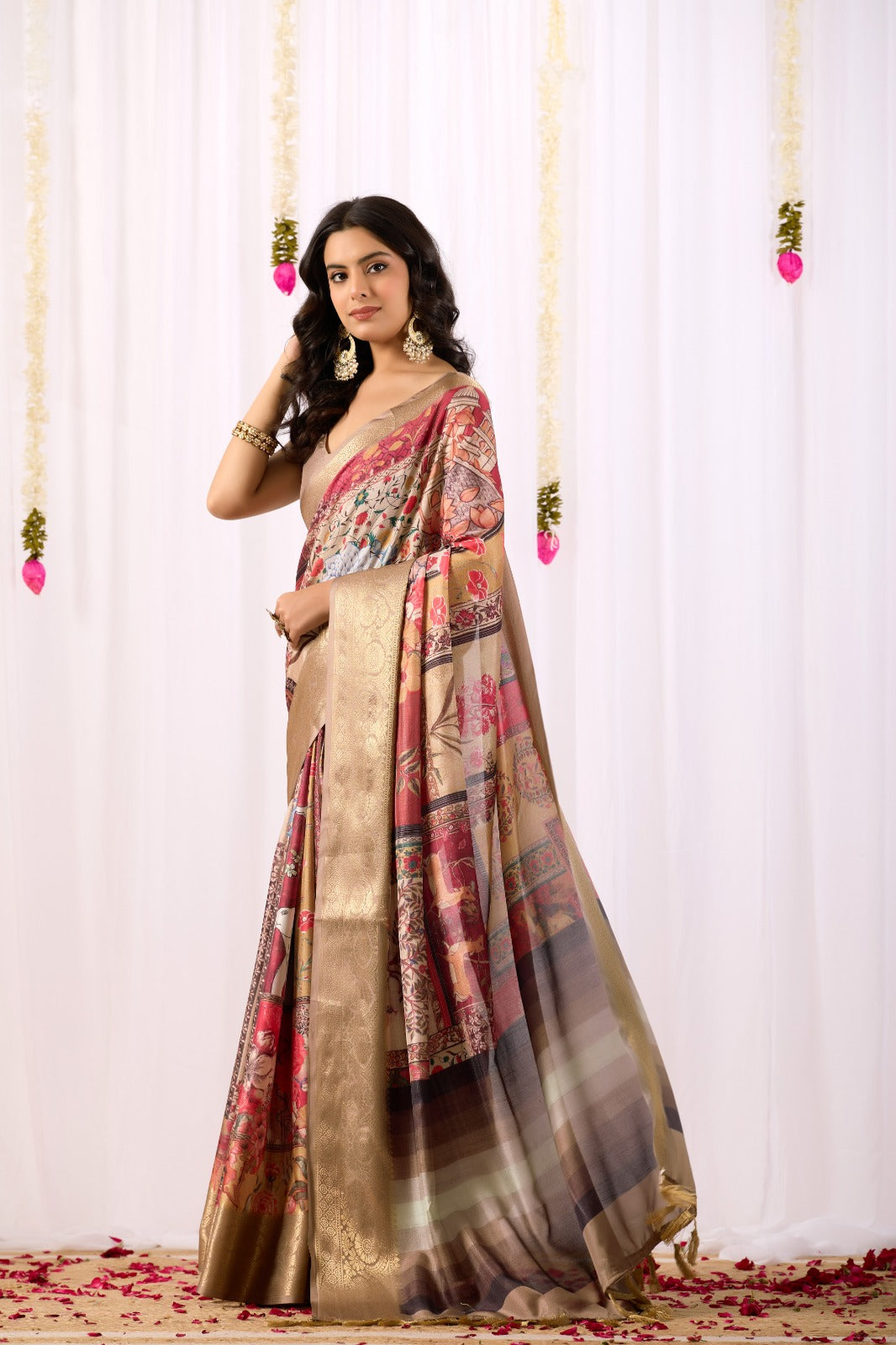 Women's Lichi Silk Saree in Beige Multi-Color with Tribal Art Print and Rich Zari Border