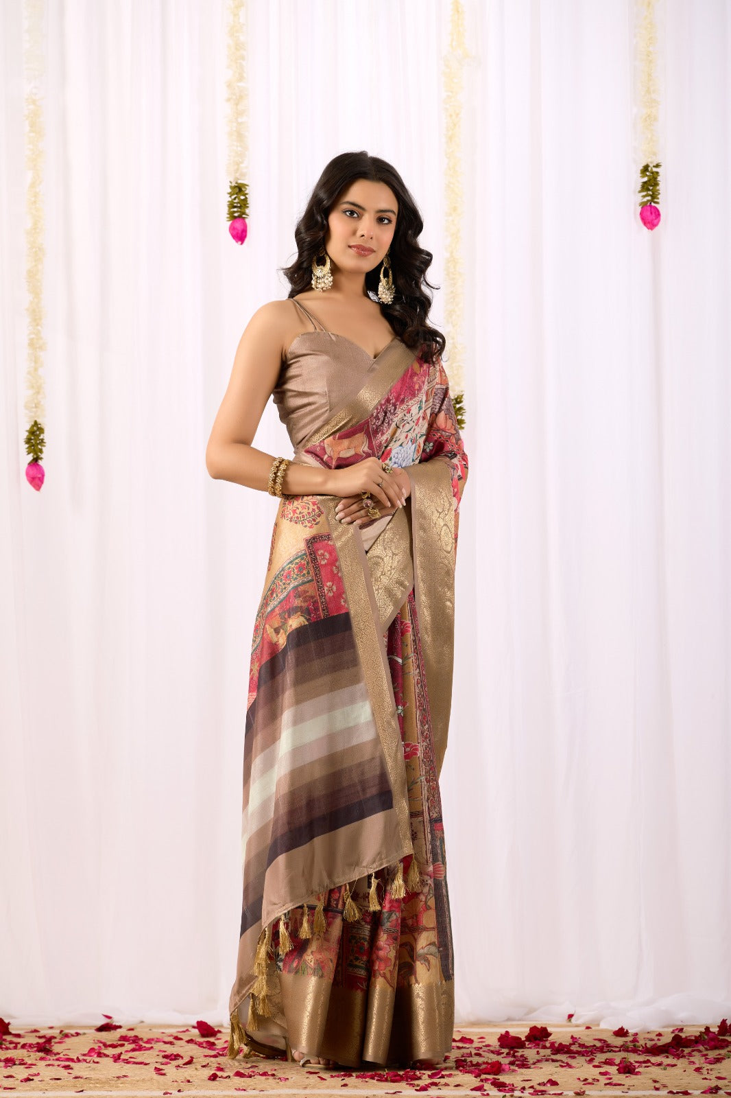 Women's Lichi Silk Saree in Beige Multi-Color with Tribal Art Print and Rich Zari Border